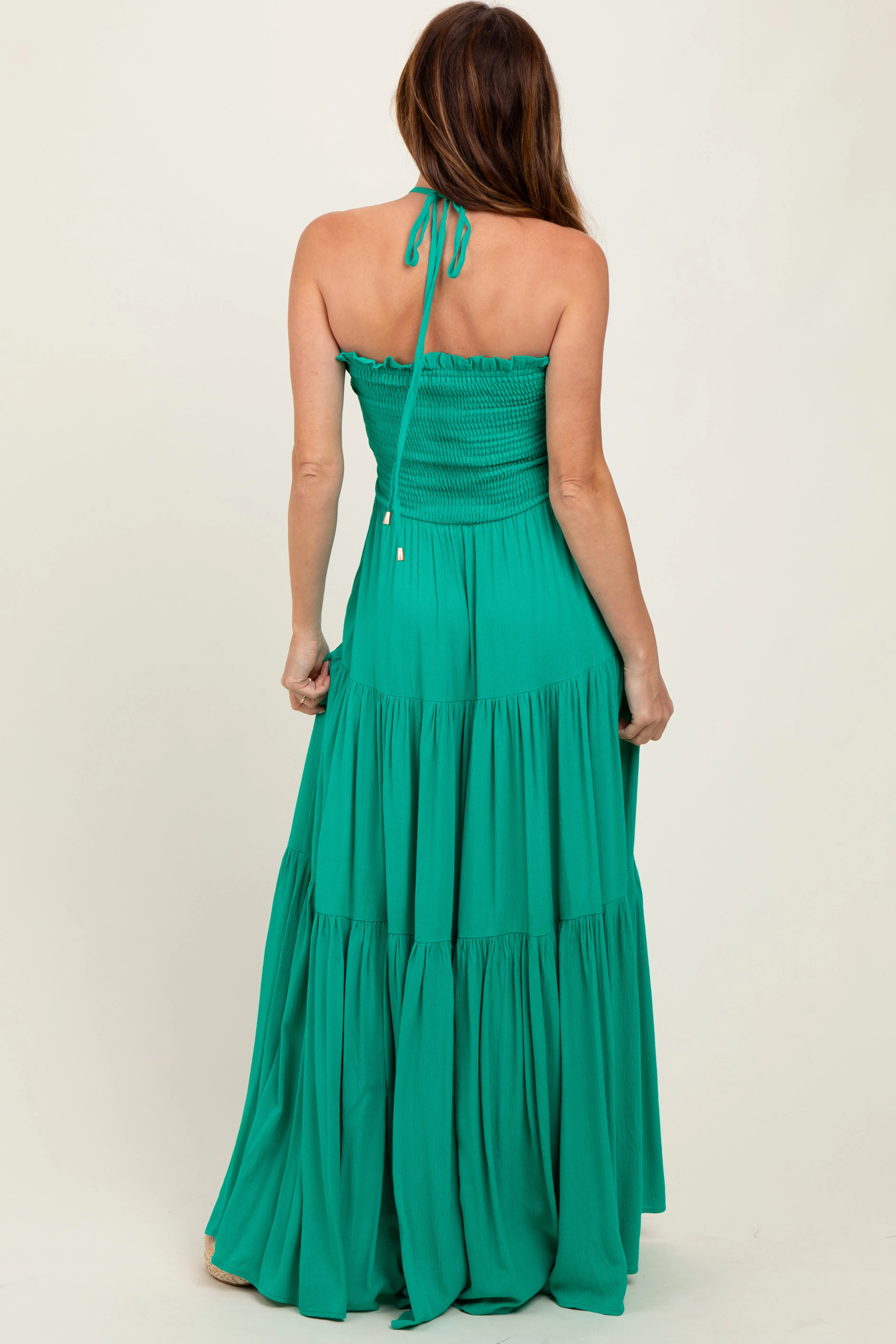Green Smocked Halter Tiered Maxi Dress sold by Pinkblush product image thumbnail 4