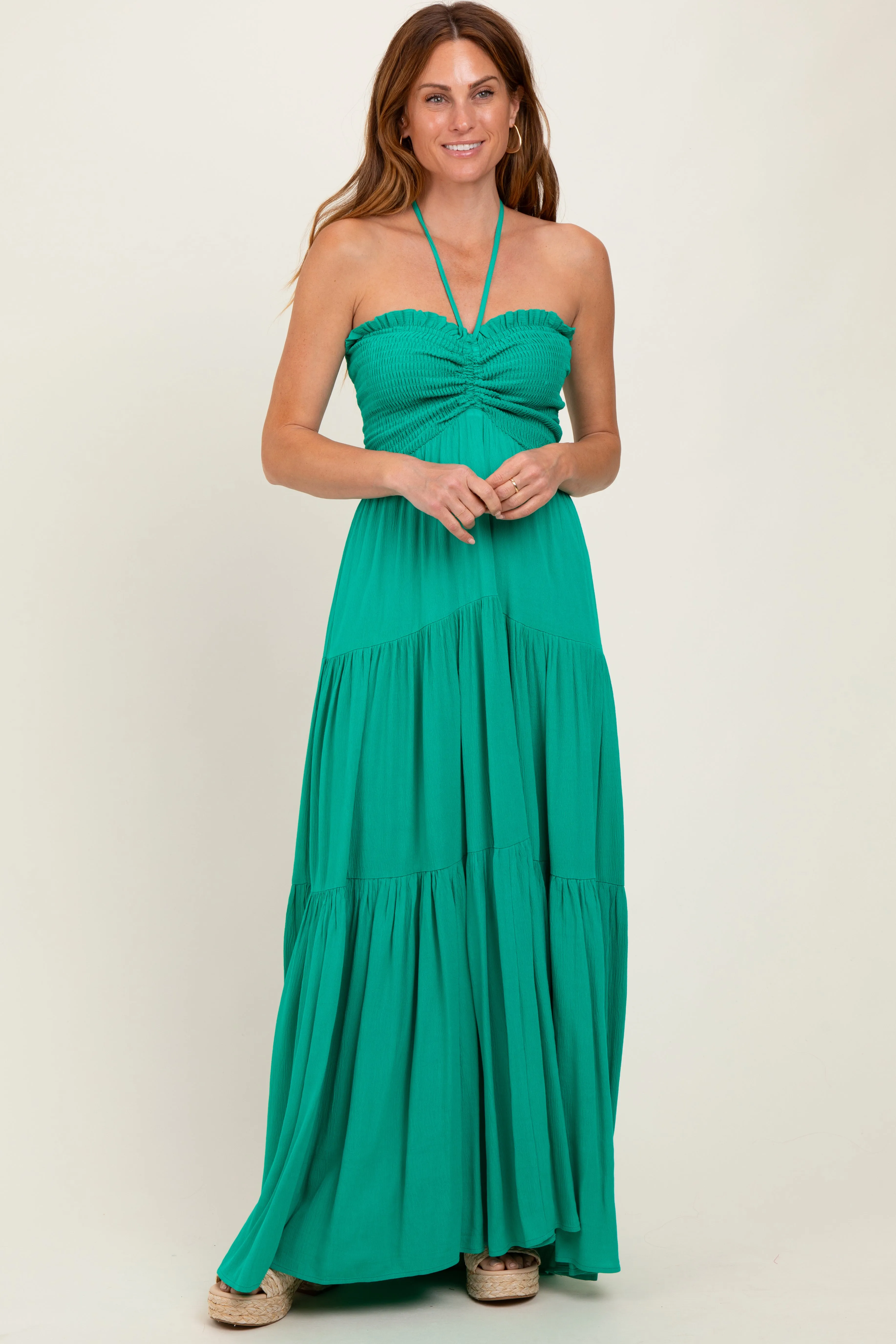 Green Smocked Halter Tiered Maxi Dress sold by Pinkblush