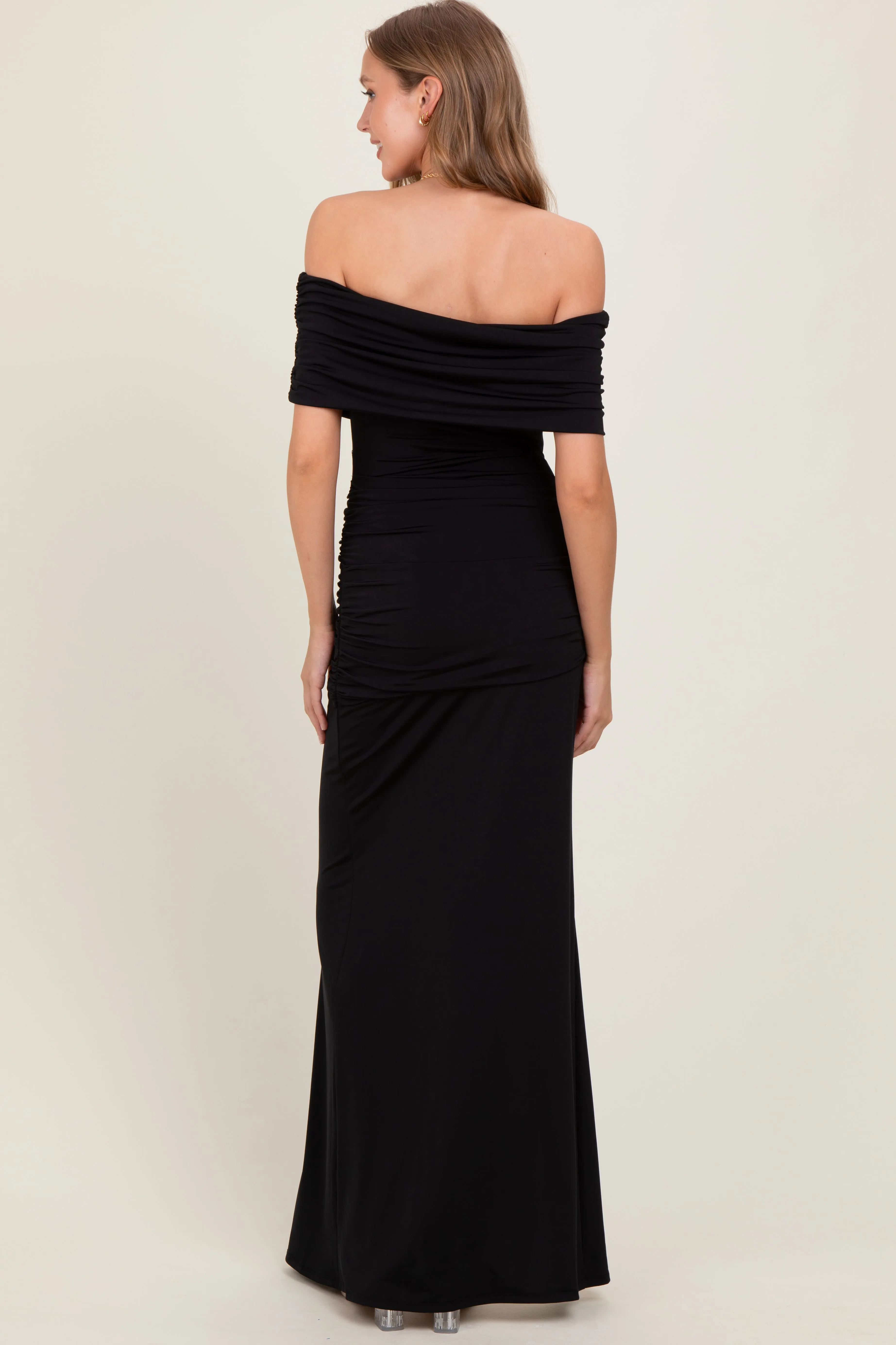 Black Foldover Off Shoulder Ruched High Slit Maxi Dress sold by Pinkblush product image thumbnail 2
