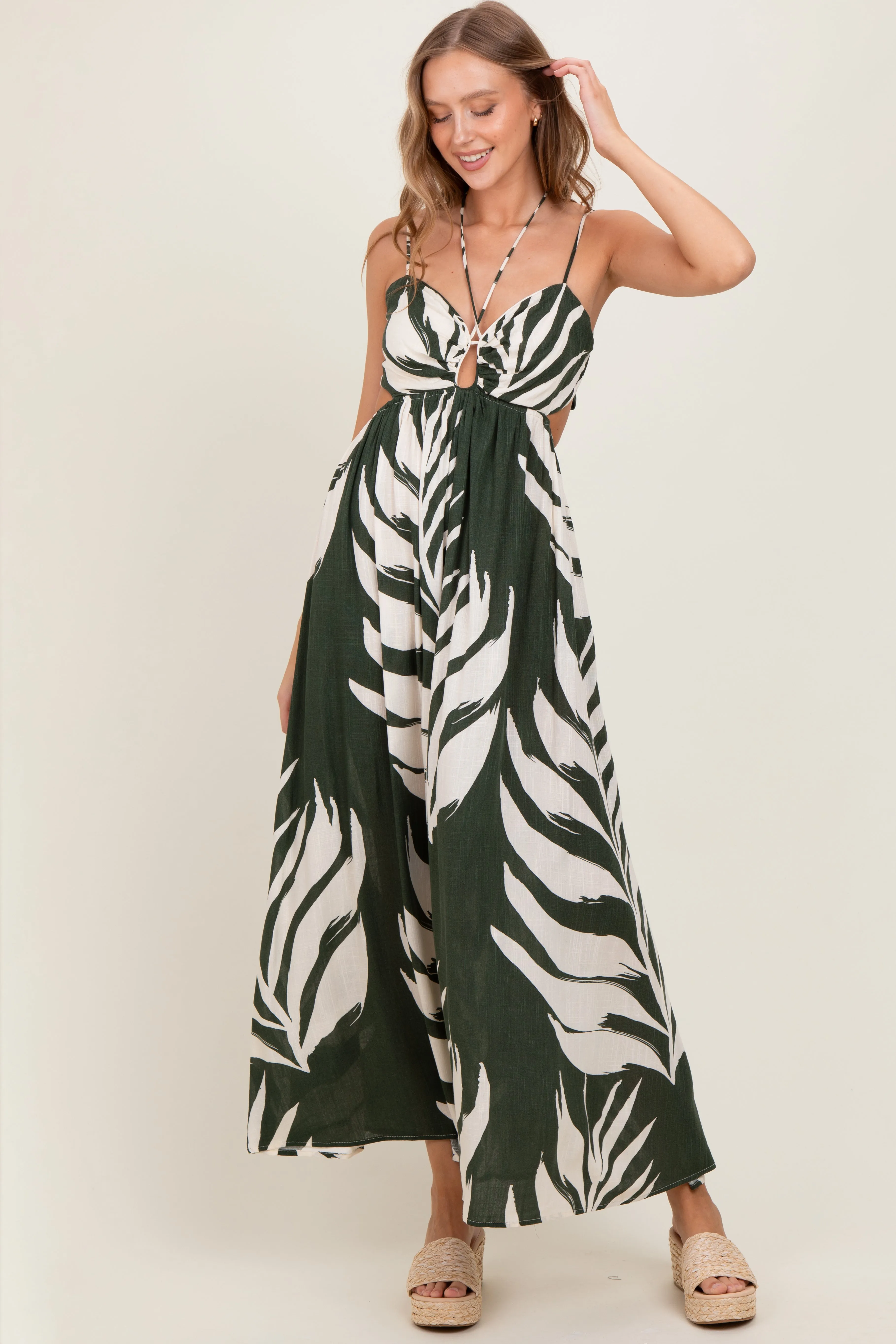 Olive Leaf Print Cutout Tie Back Maxi Dress sold by Pinkblush product image thumbnail 2