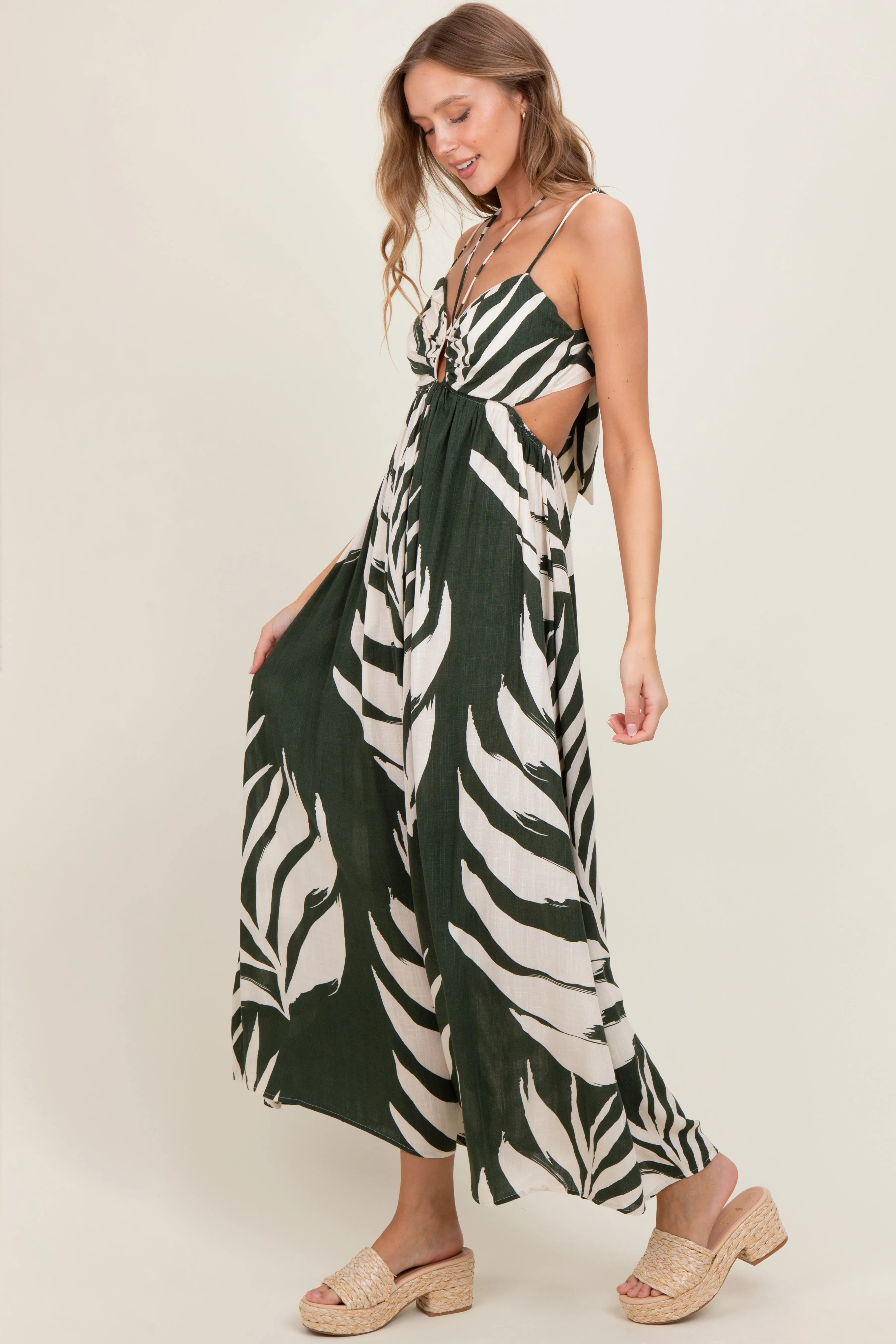 Olive Leaf Print Cutout Tie Back Maxi Dress sold by Pinkblush product image thumbnail 3