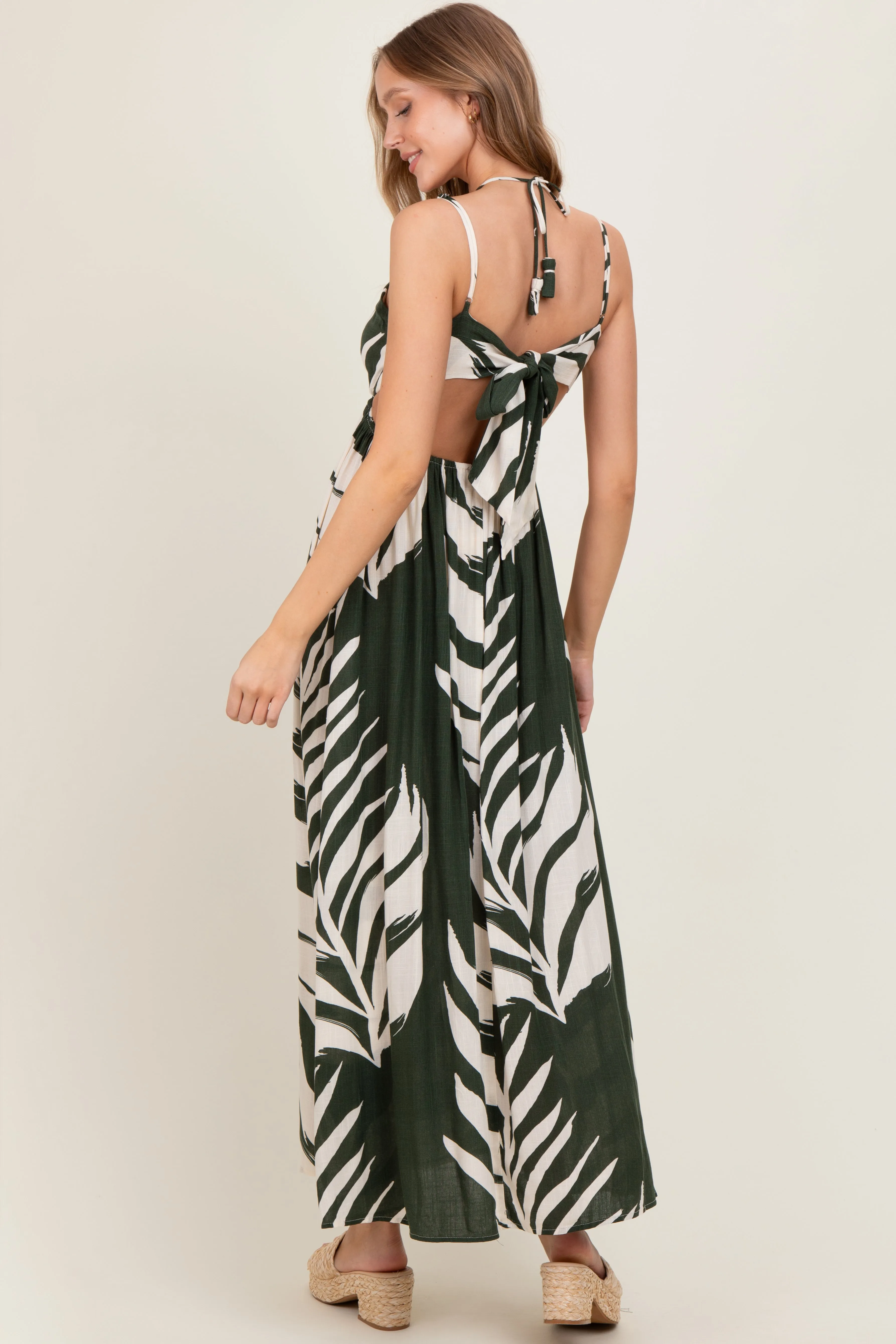Olive Leaf Print Cutout Tie Back Maxi Dress sold by Pinkblush product image thumbnail 4