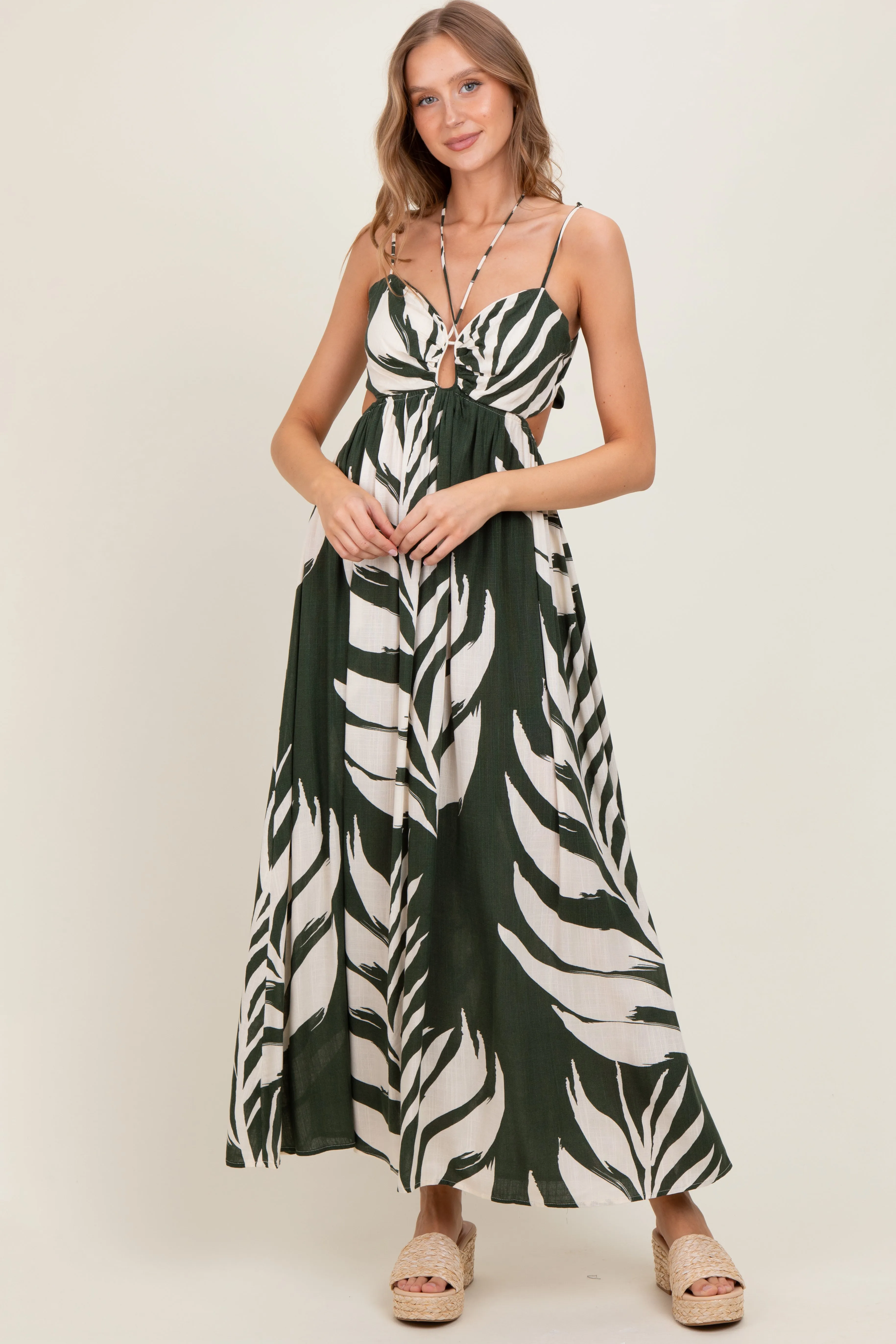 Olive Leaf Print Cutout Tie Back Maxi Dress sold by Pinkblush