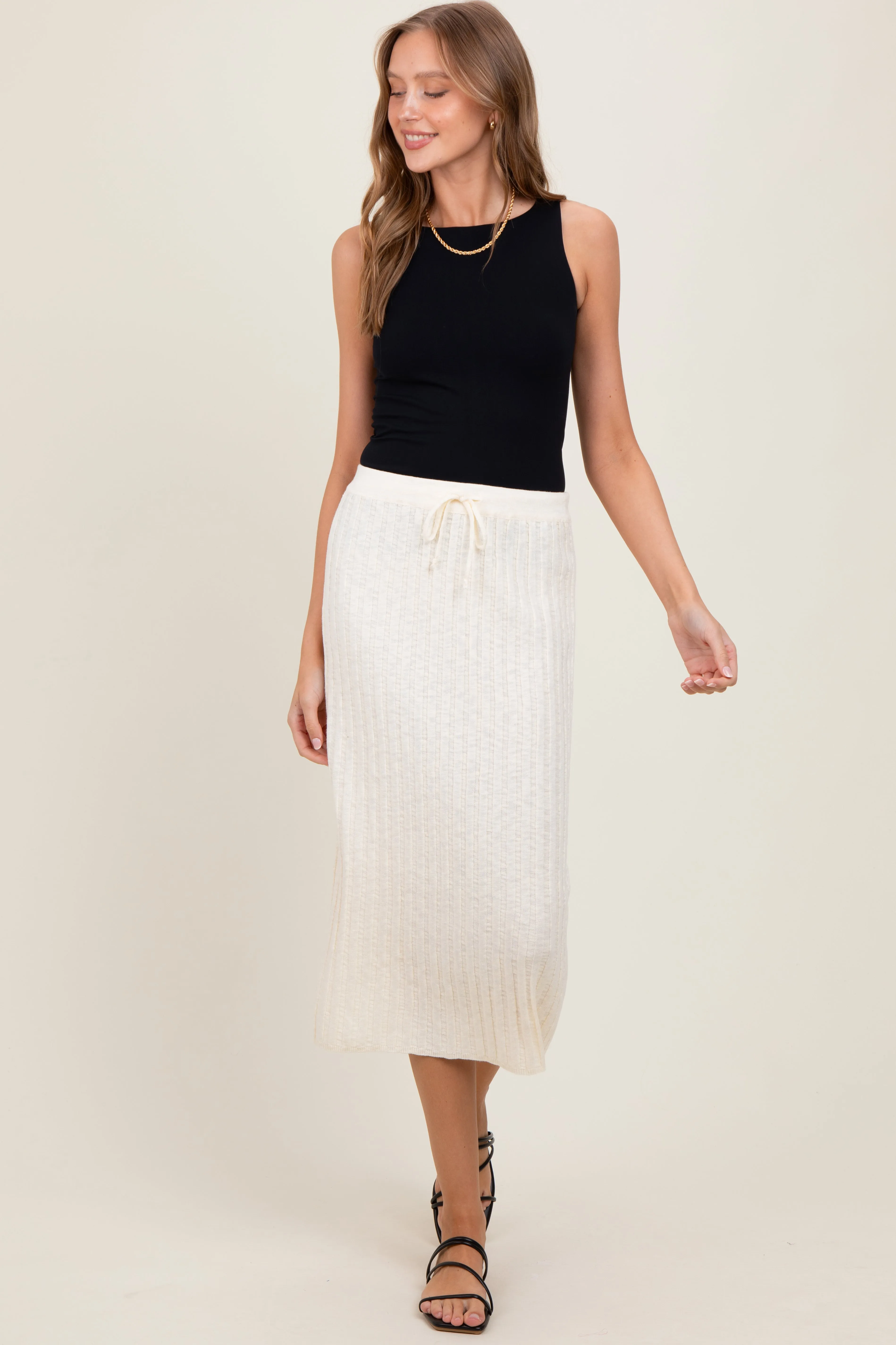 Cream Ribbed Knit Drawstring Midi Skirt sold by Pinkblush