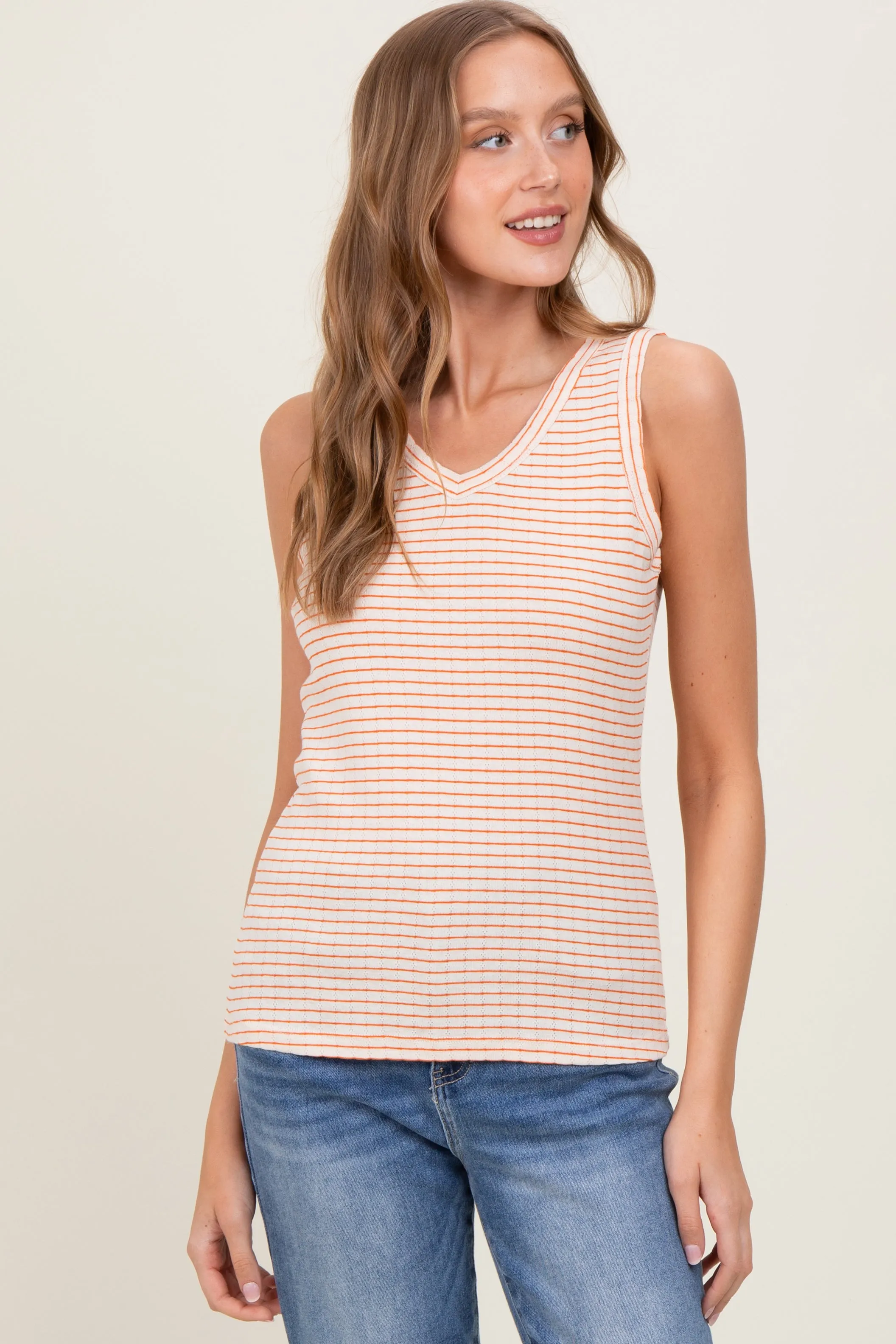 Orange Striped Knit V-Neck Tank Top sold by Pinkblush