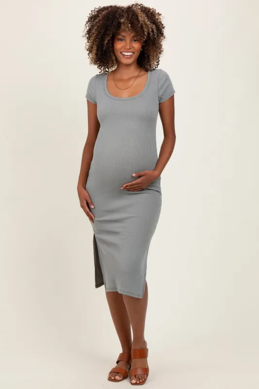 Light Olive Scoop Neck Short Sleeve Mineral Wash Maternity Midi Dress sold by Pinkblush