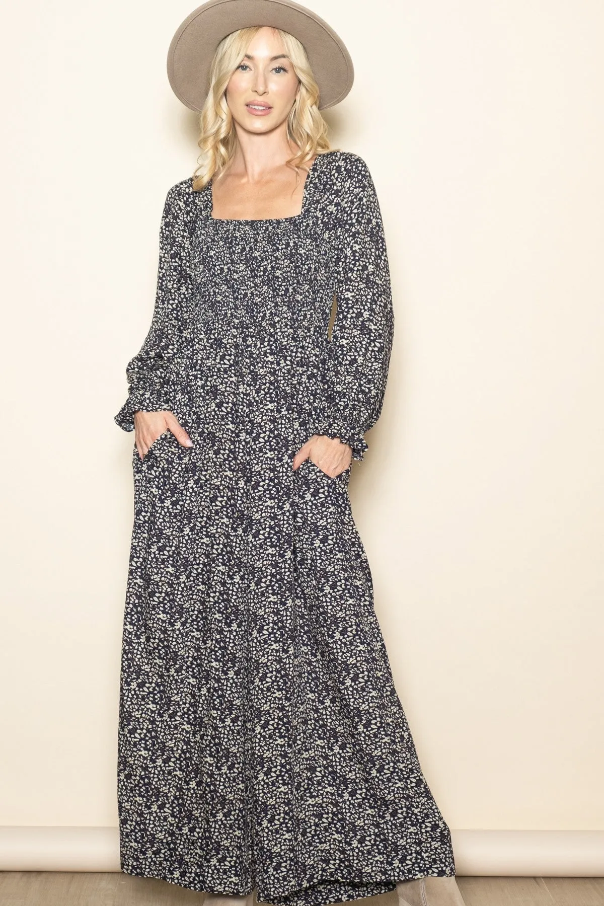 Navy Floral Long Sleeve Wide Leg Maternity Jumpsuit sold by Pinkblush product image thumbnail 4