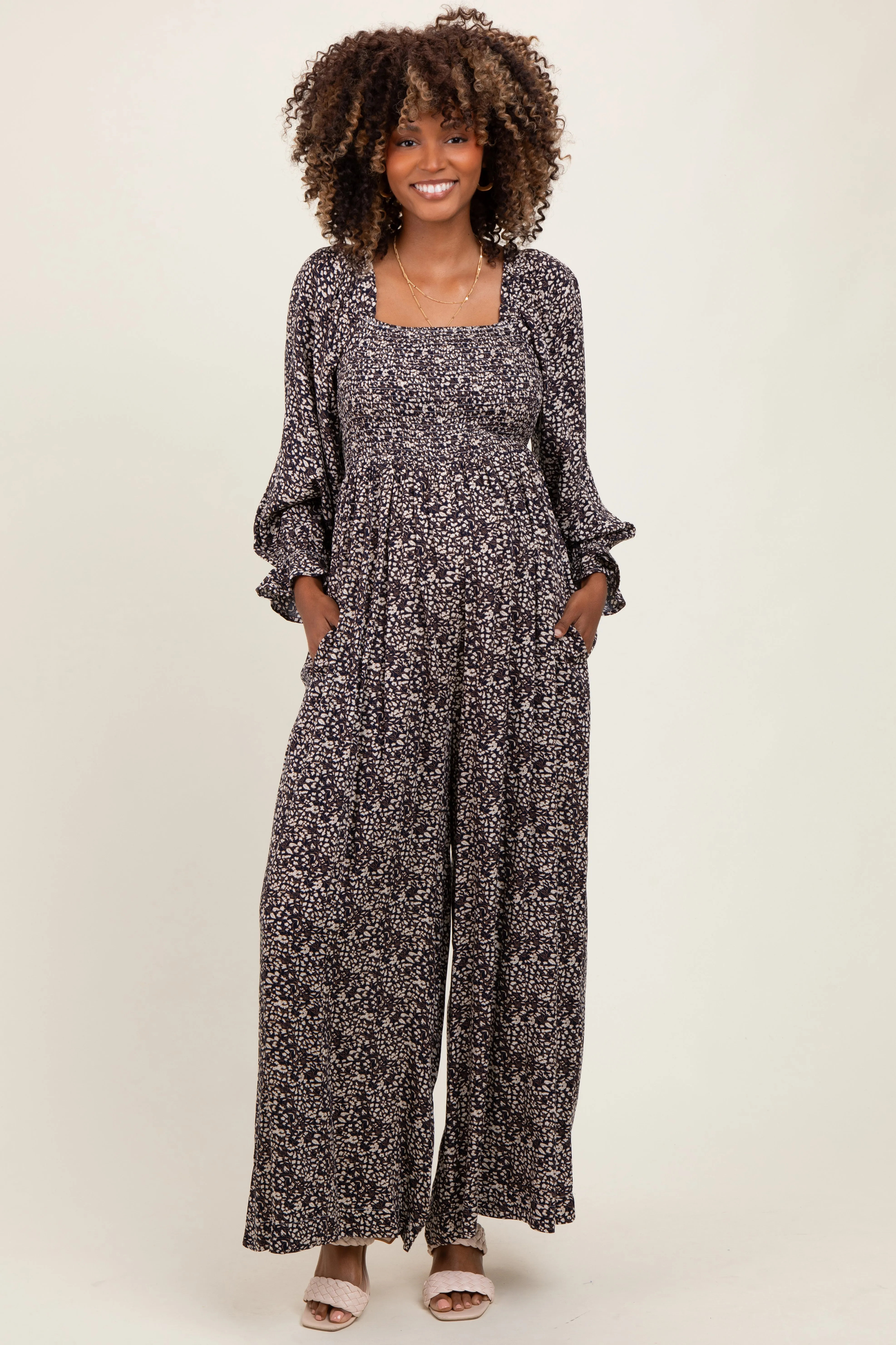Navy Floral Long Sleeve Wide Leg Maternity Jumpsuit sold by Pinkblush