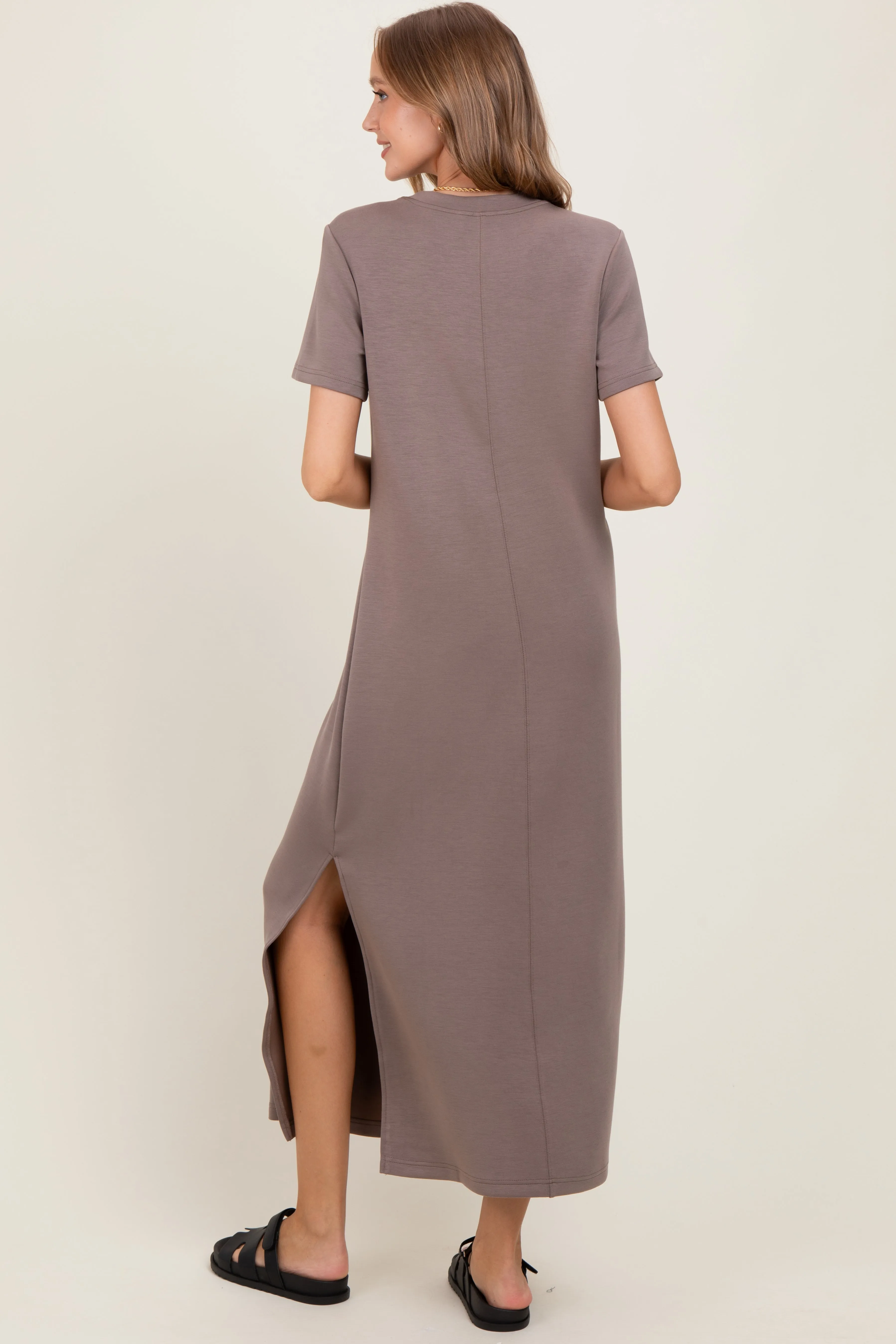 Taupe Basic Side Slit Short Sleeve Midi Dress sold by Pinkblush product image thumbnail 4