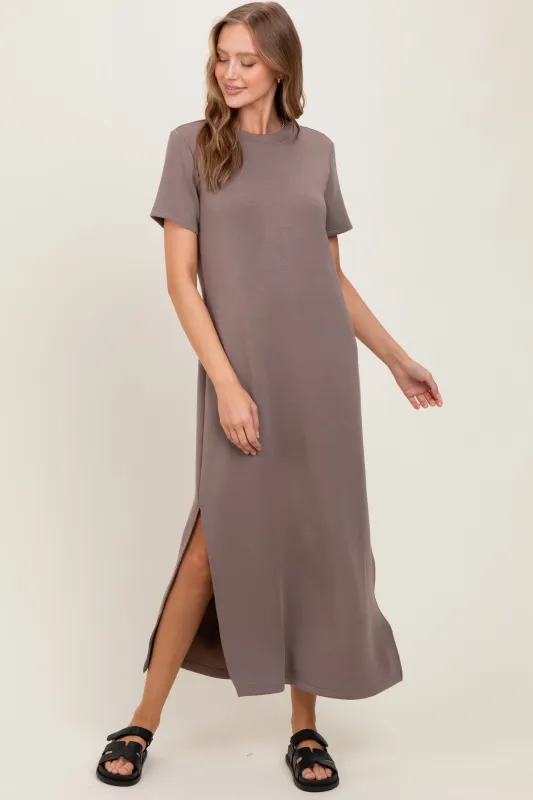 Taupe Basic Side Slit Short Sleeve Midi Dress sold by Pinkblush