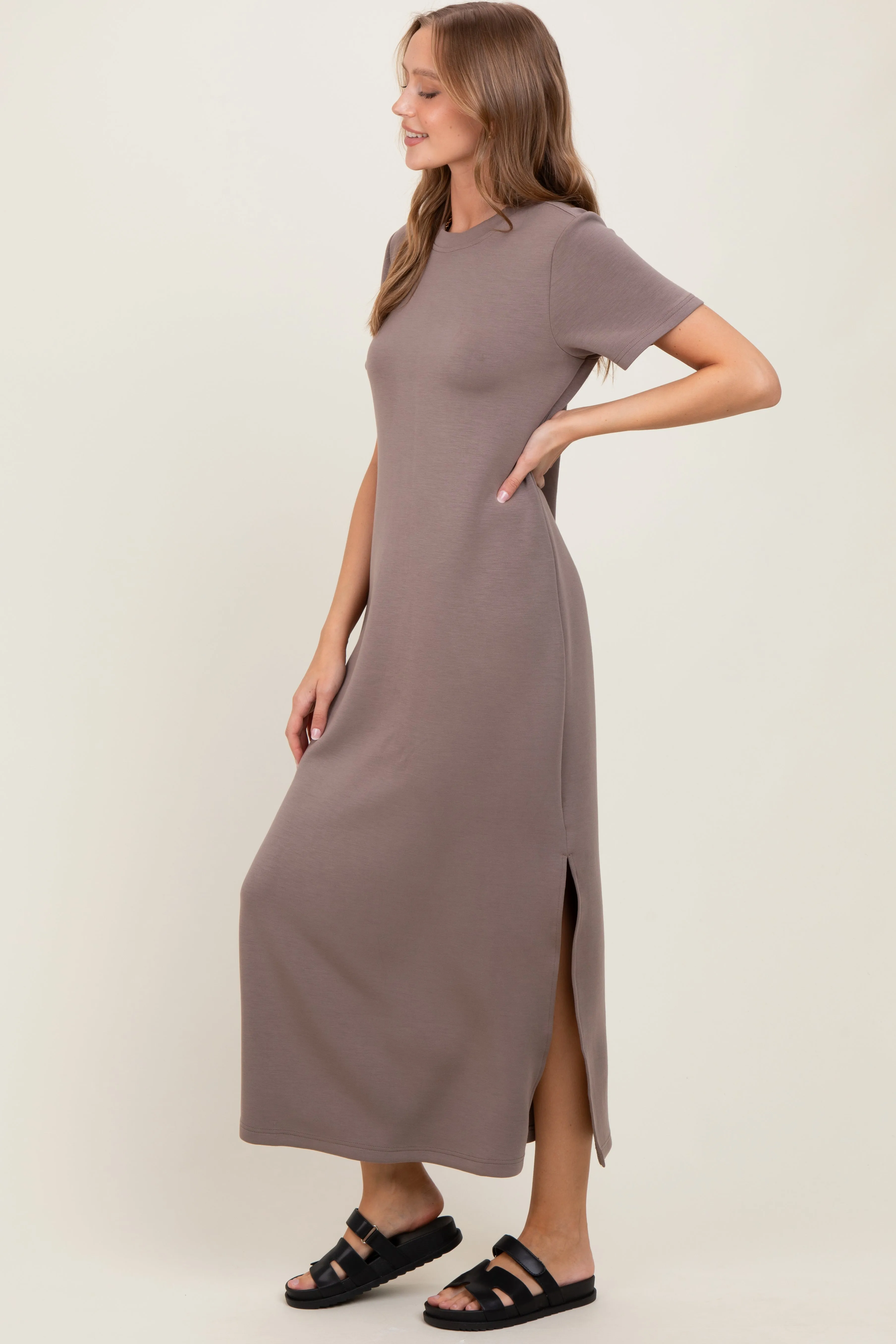 Taupe Basic Side Slit Short Sleeve Midi Dress sold by Pinkblush product image thumbnail 3