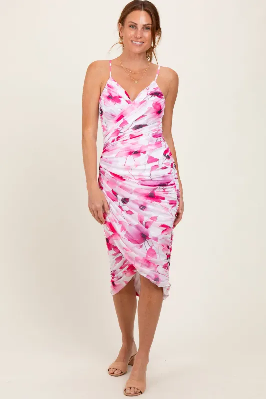 Pink Floral Ruched Tulip Hem Midi Dress sold by Pinkblush
