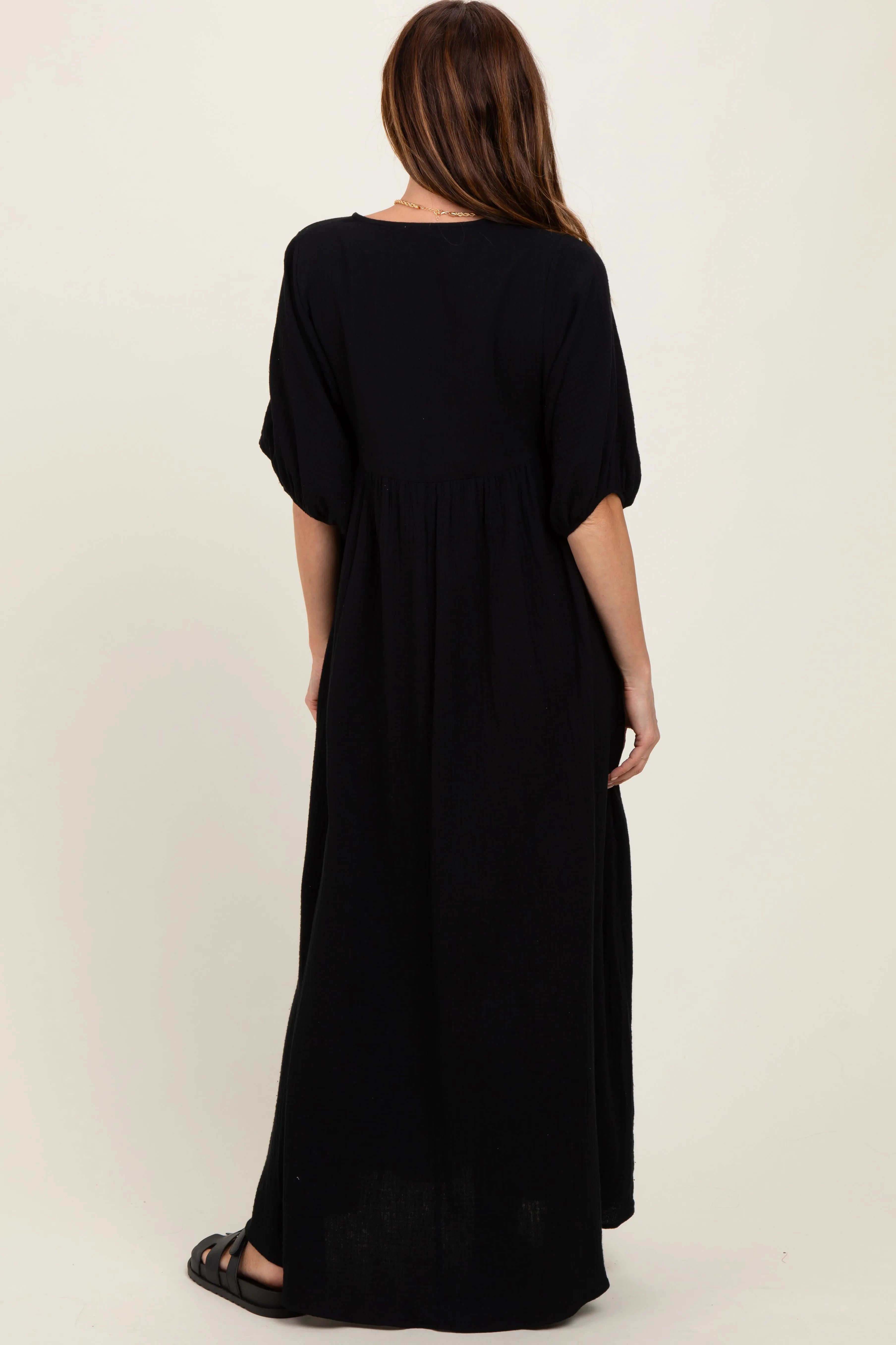 Black Solid Woven Elbow Sleeve V-Neck Button Down Maxi Dress sold by Pinkblush product image thumbnail 4