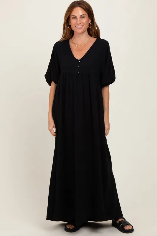 Black Solid Woven Elbow Sleeve V-Neck Button Down Maxi Dress sold by Pinkblush