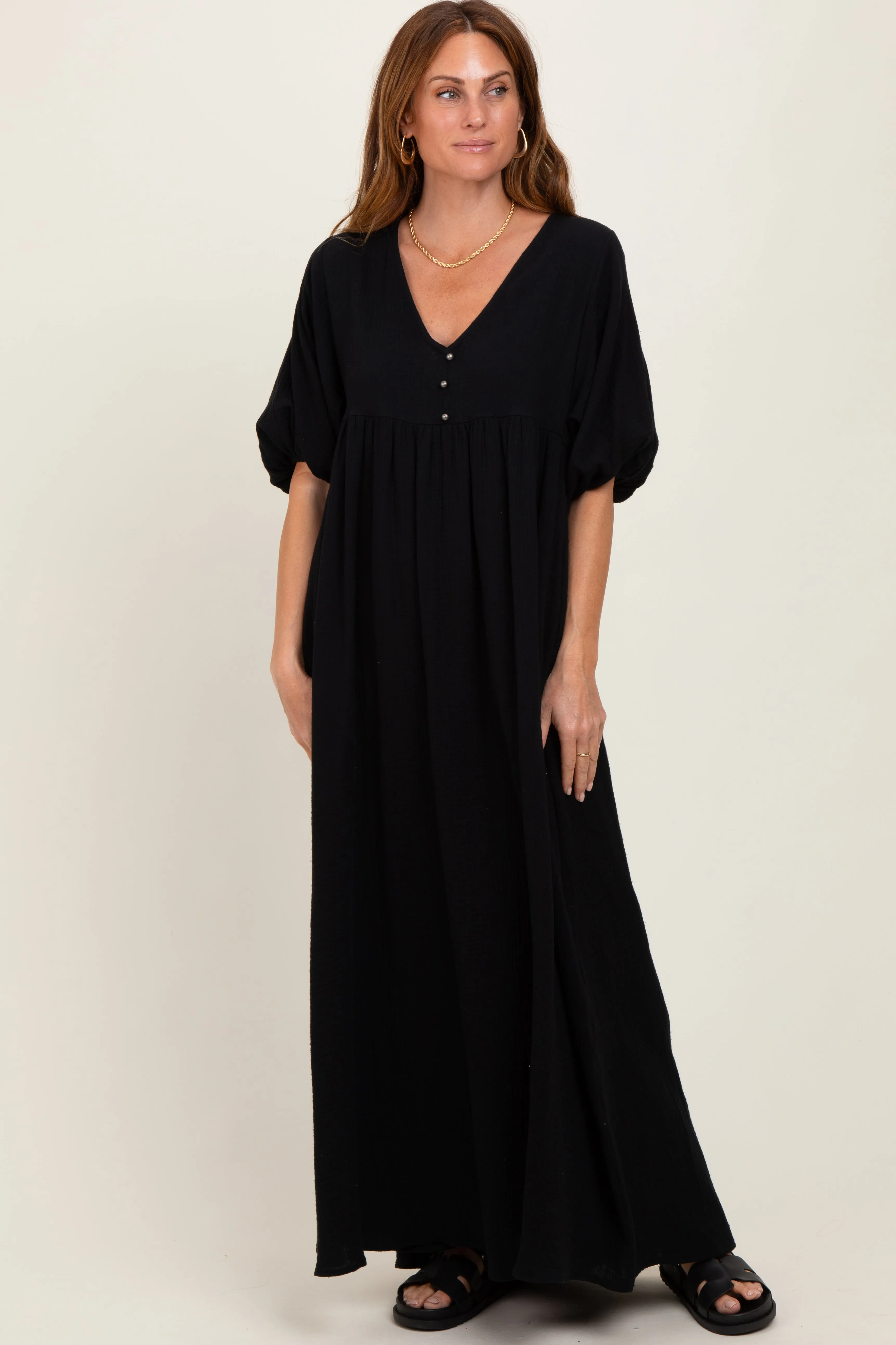Black Solid Woven Elbow Sleeve V-Neck Button Down Maxi Dress sold by Pinkblush product image thumbnail 2