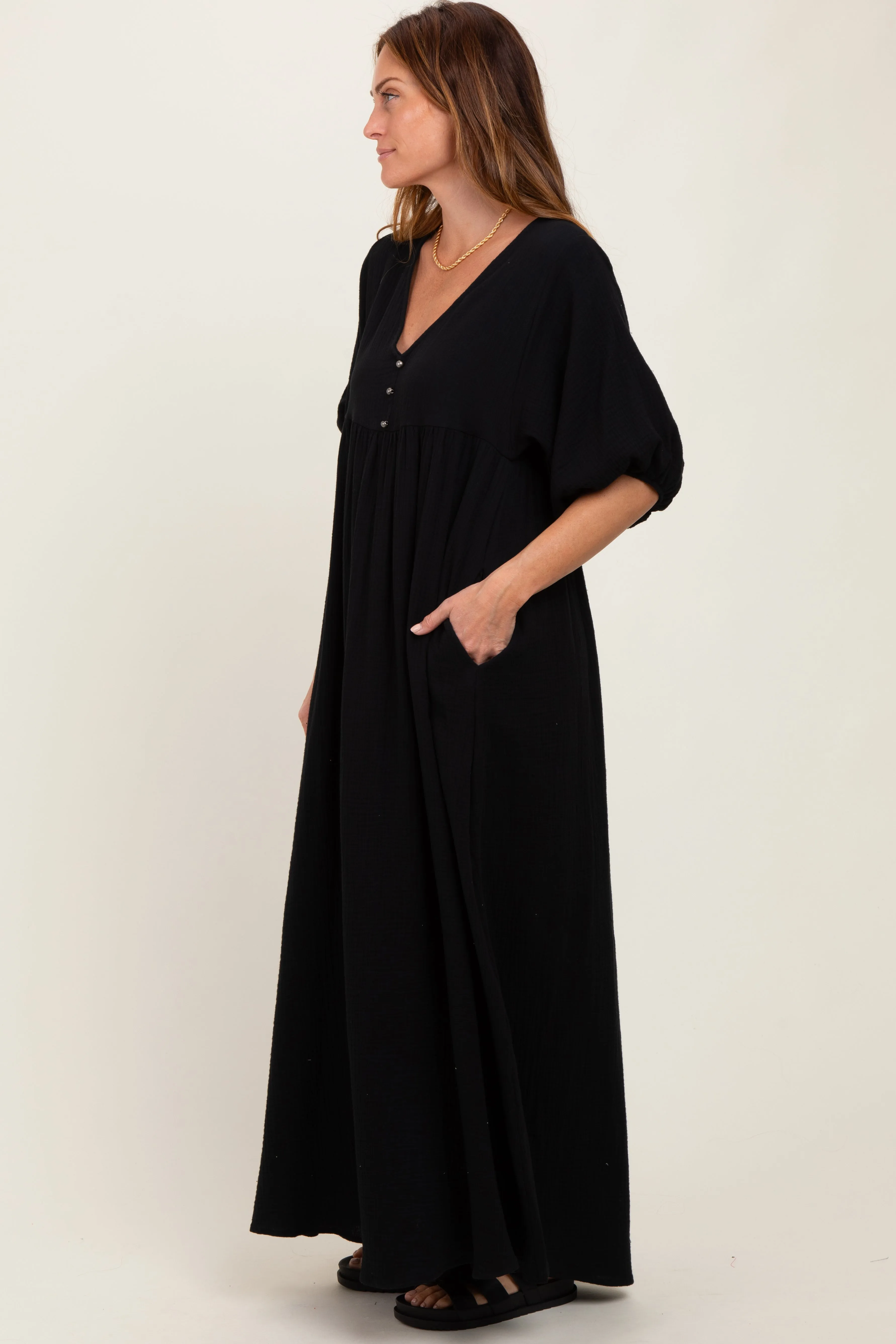 Black Solid Woven Elbow Sleeve V-Neck Button Down Maxi Dress sold by Pinkblush product image thumbnail 3