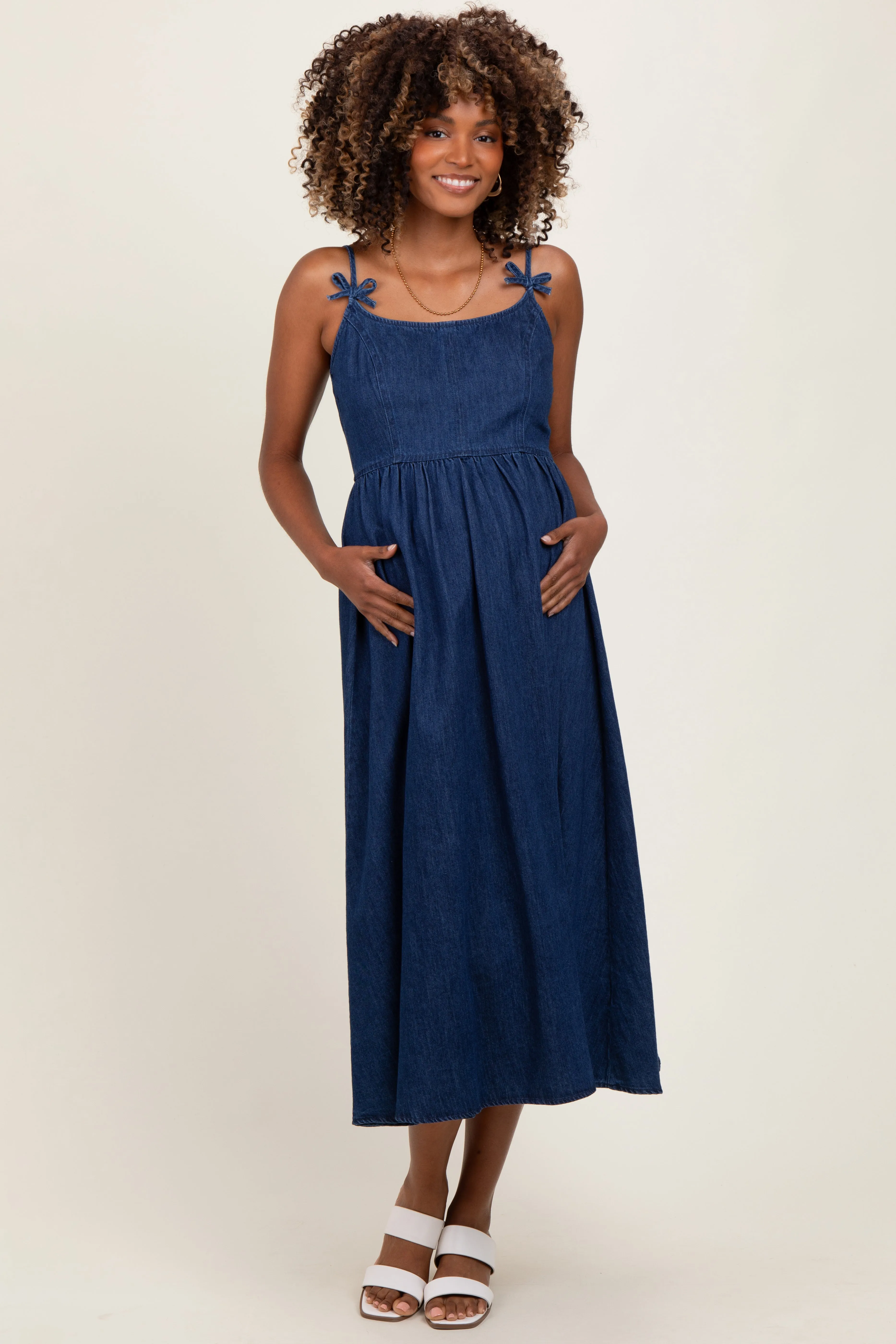 Navy Denim Sleeveless Bow Detail Maternity Midi Dress sold by Pinkblush product image thumbnail 2