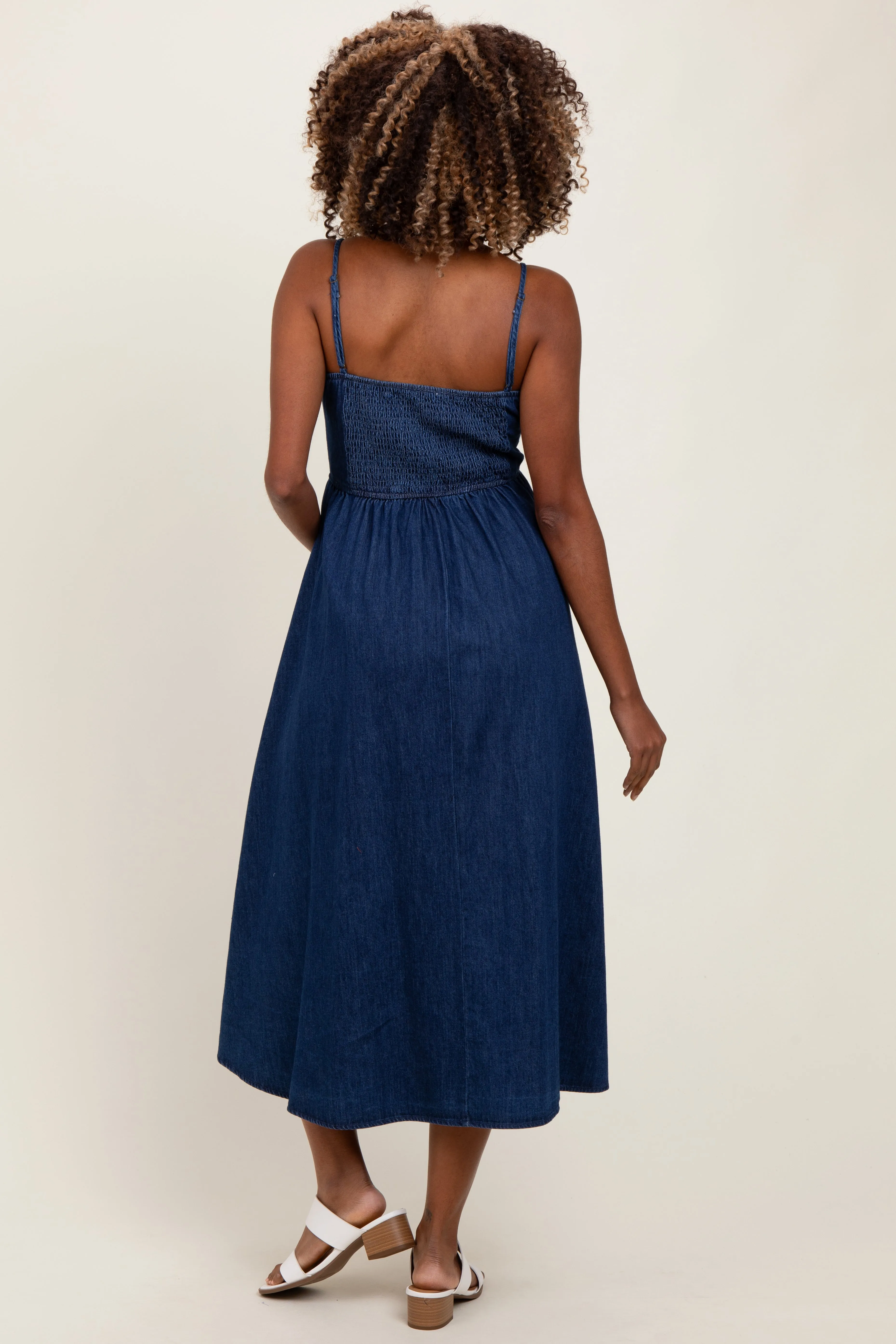 Navy Denim Sleeveless Bow Detail Maternity Midi Dress sold by Pinkblush product image thumbnail 3