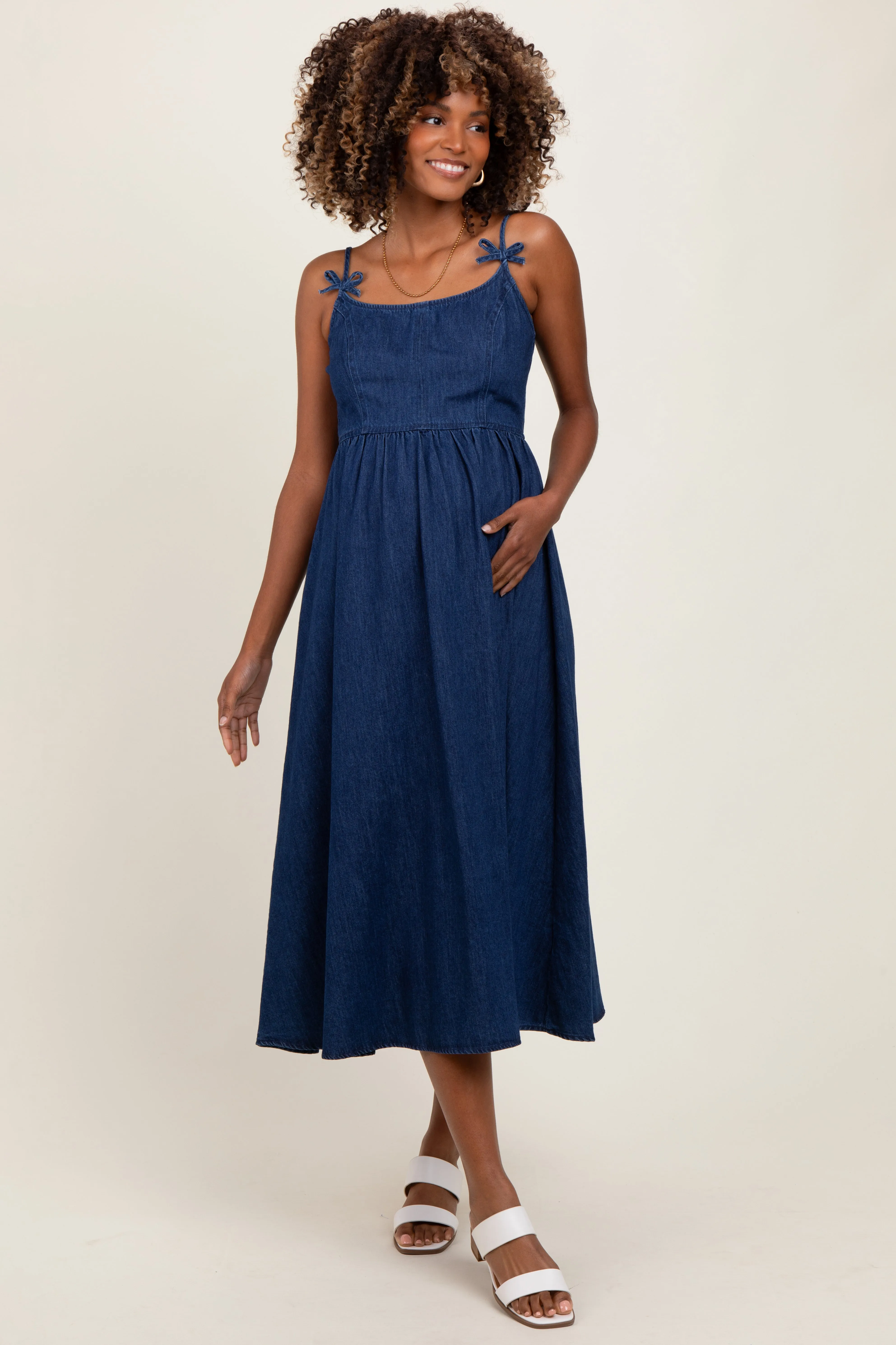 Navy Denim Sleeveless Bow Detail Maternity Midi Dress sold by Pinkblush
