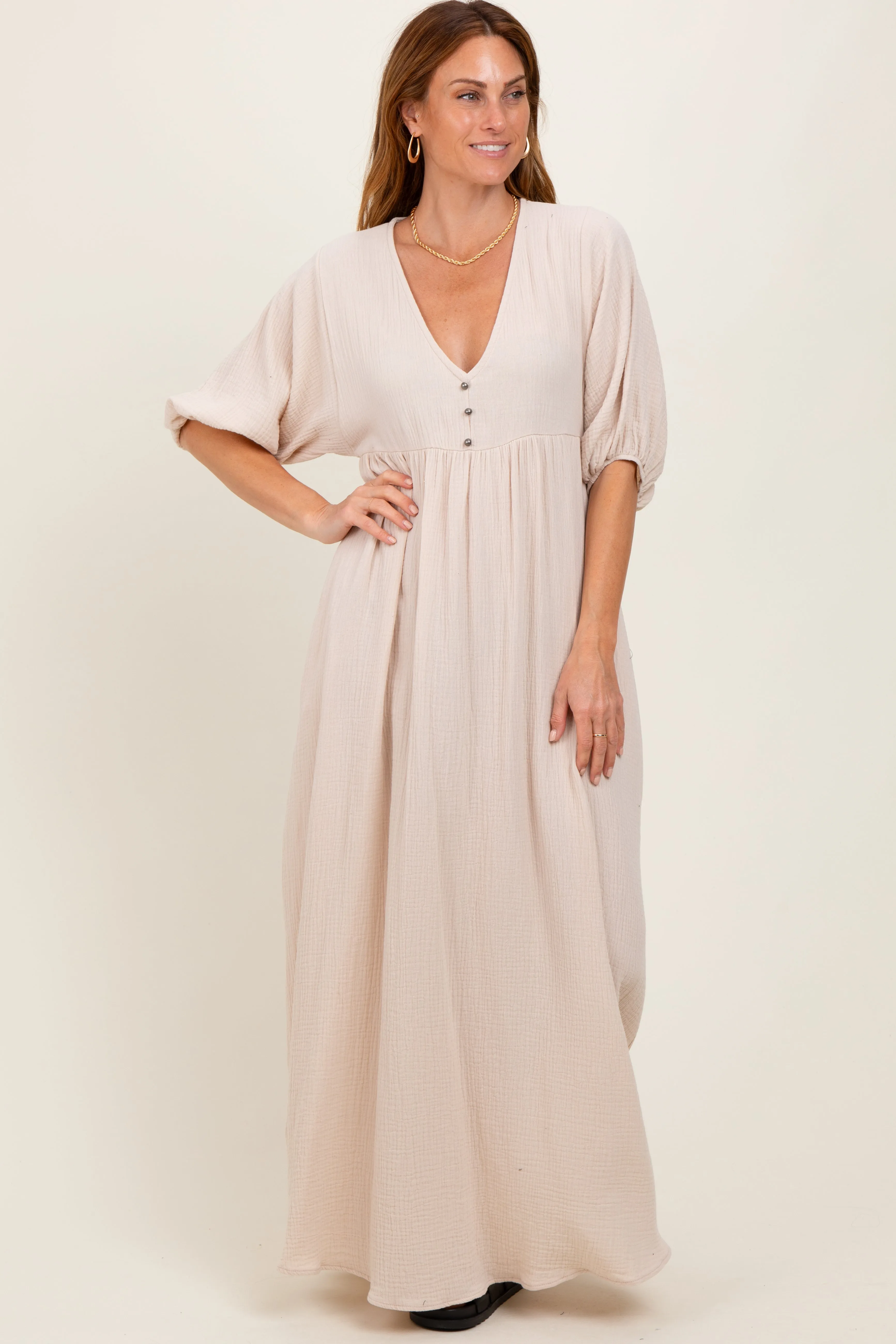 Beige Solid Woven Elbow Sleeve V-Neck Button Down Maxi Dress sold by Pinkblush product image thumbnail 2
