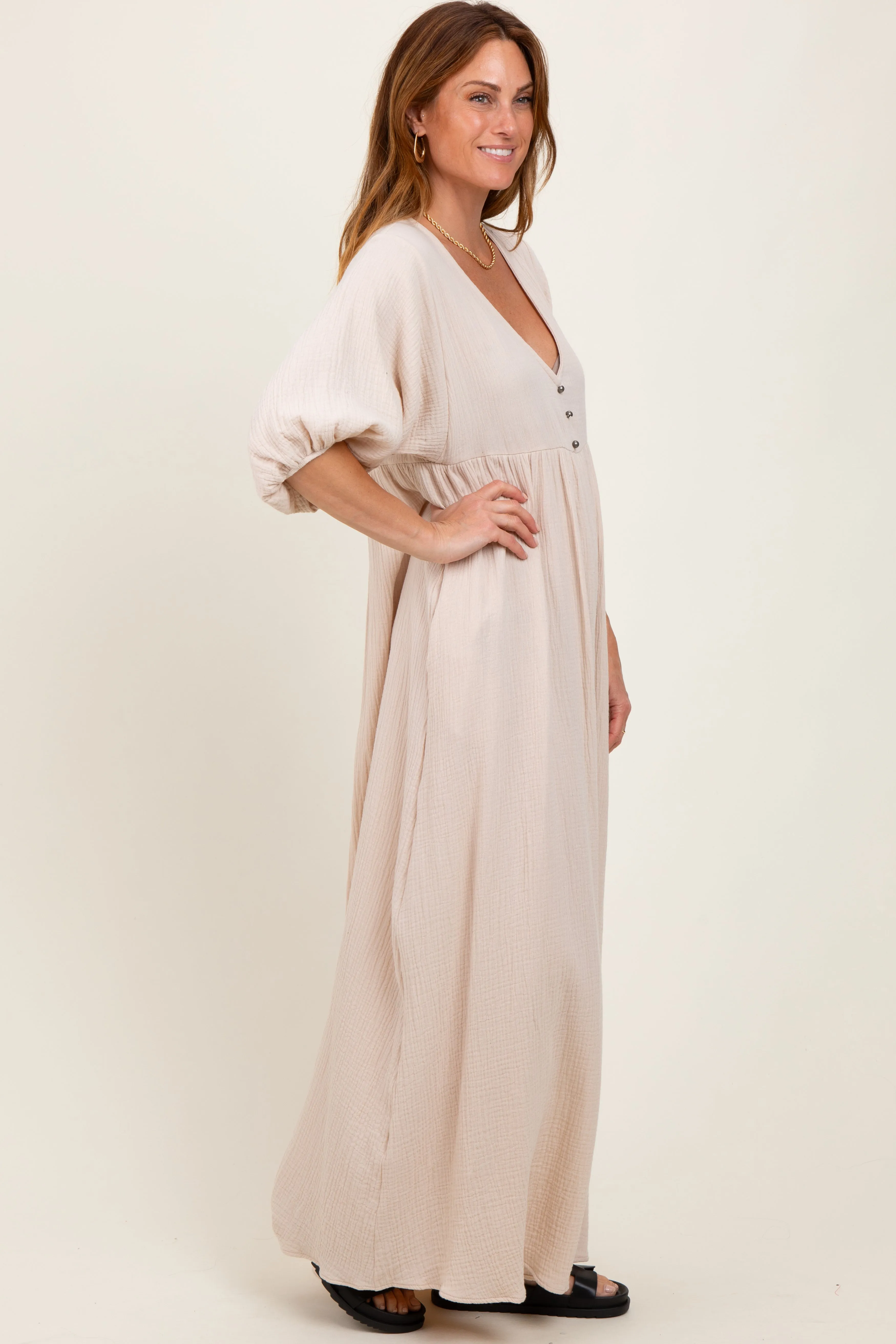 Beige Solid Woven Elbow Sleeve V-Neck Button Down Maxi Dress sold by Pinkblush product image thumbnail 3