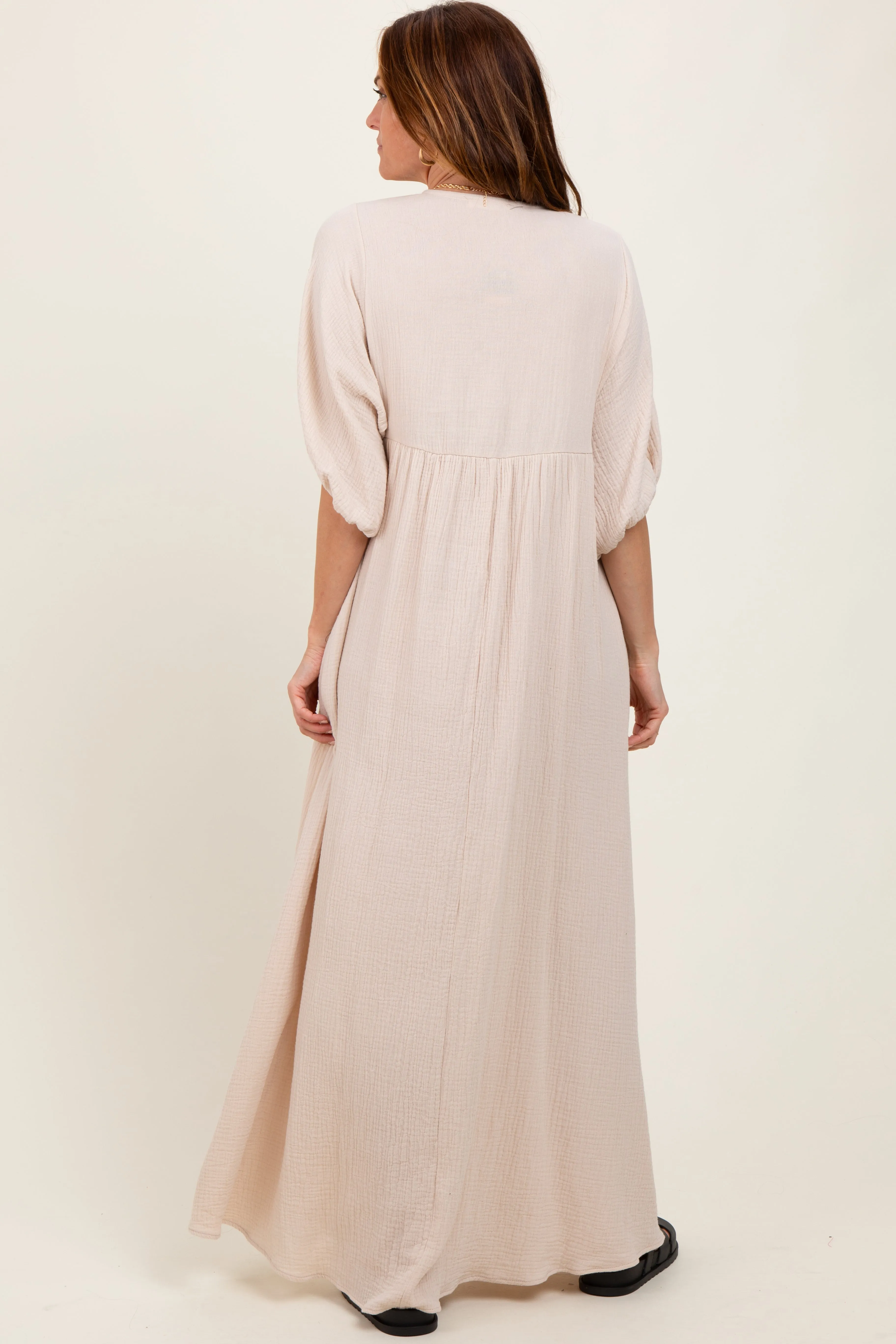 Beige Solid Woven Elbow Sleeve V-Neck Button Down Maxi Dress sold by Pinkblush product image thumbnail 4
