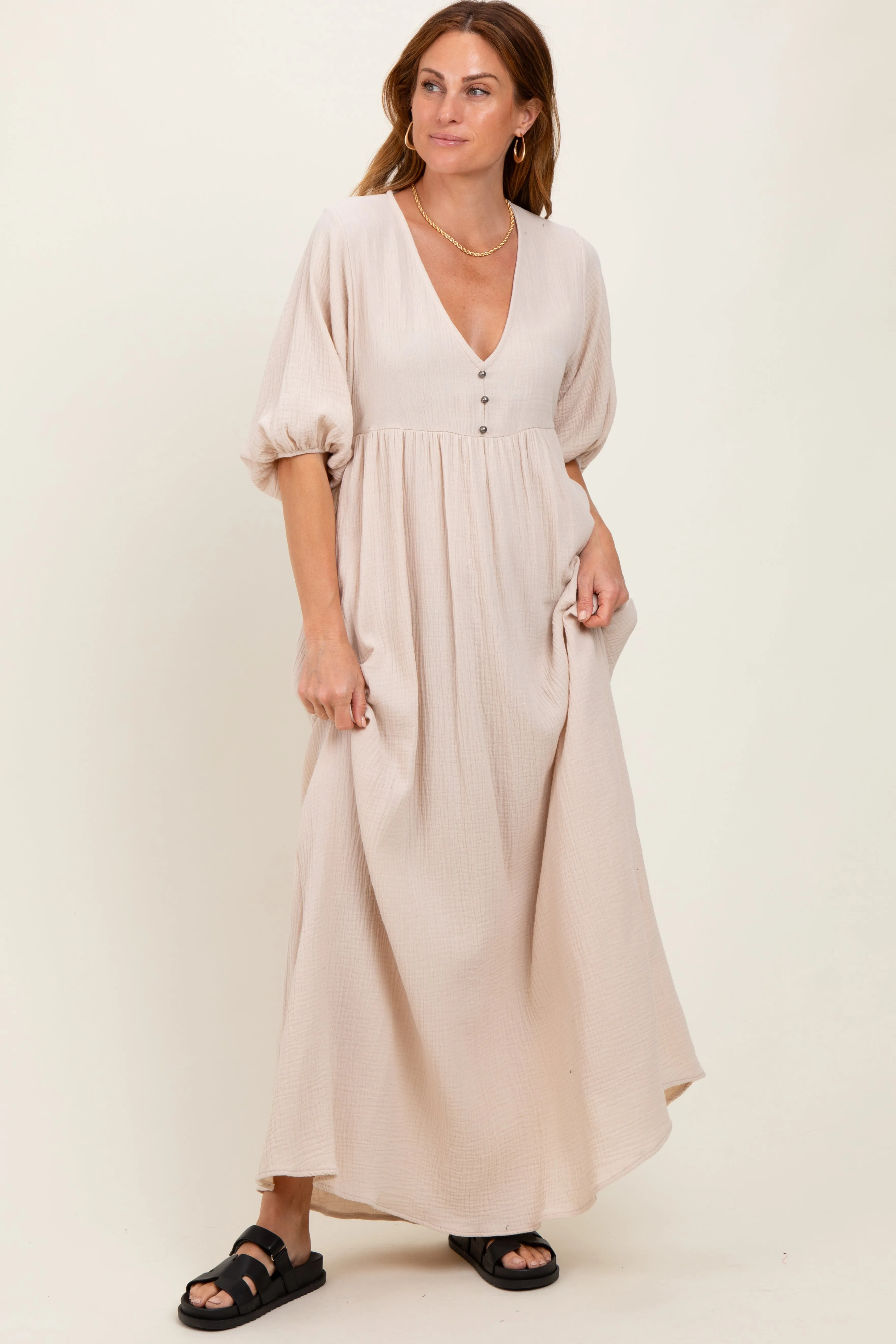 Beige Solid Woven Elbow Sleeve V-Neck Button Down Maxi Dress sold by Pinkblush