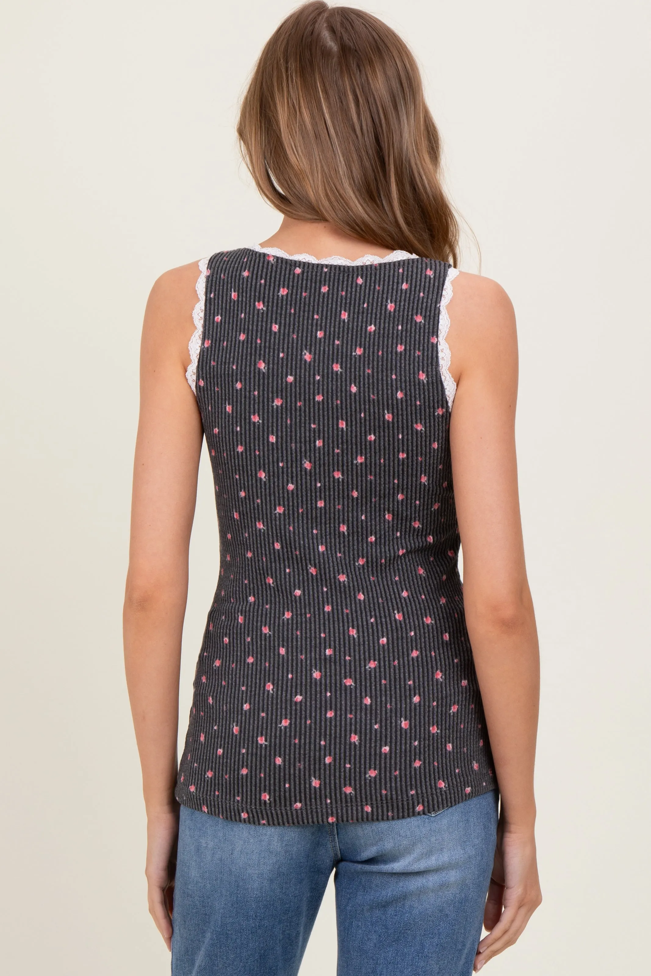 Charcoal Ditzy Floral Ribbed Sleeveless Lace Trim Tank Top sold by Pinkblush product image thumbnail 4