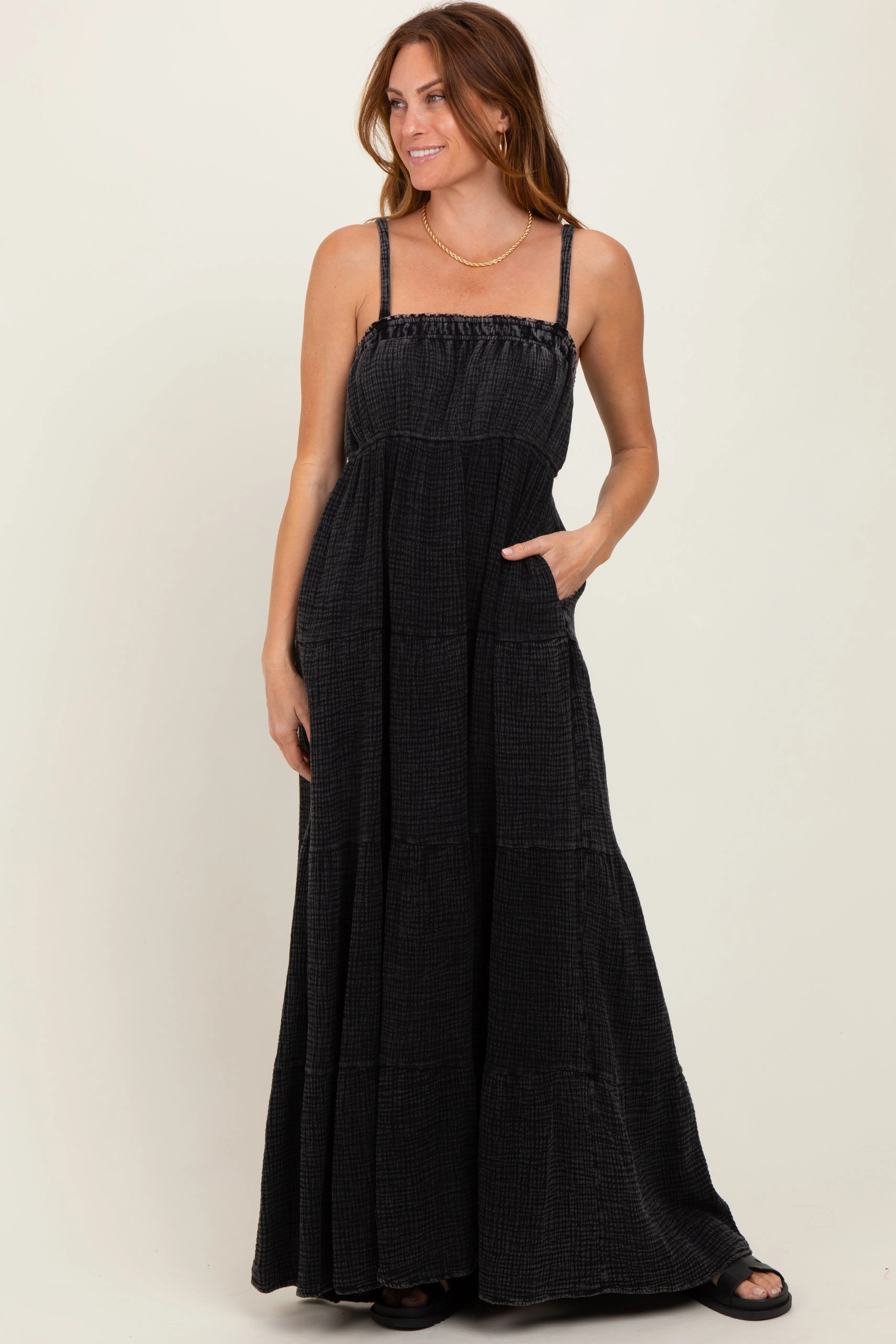 Black Tiered Sleeveless Maxi Dress sold by Pinkblush