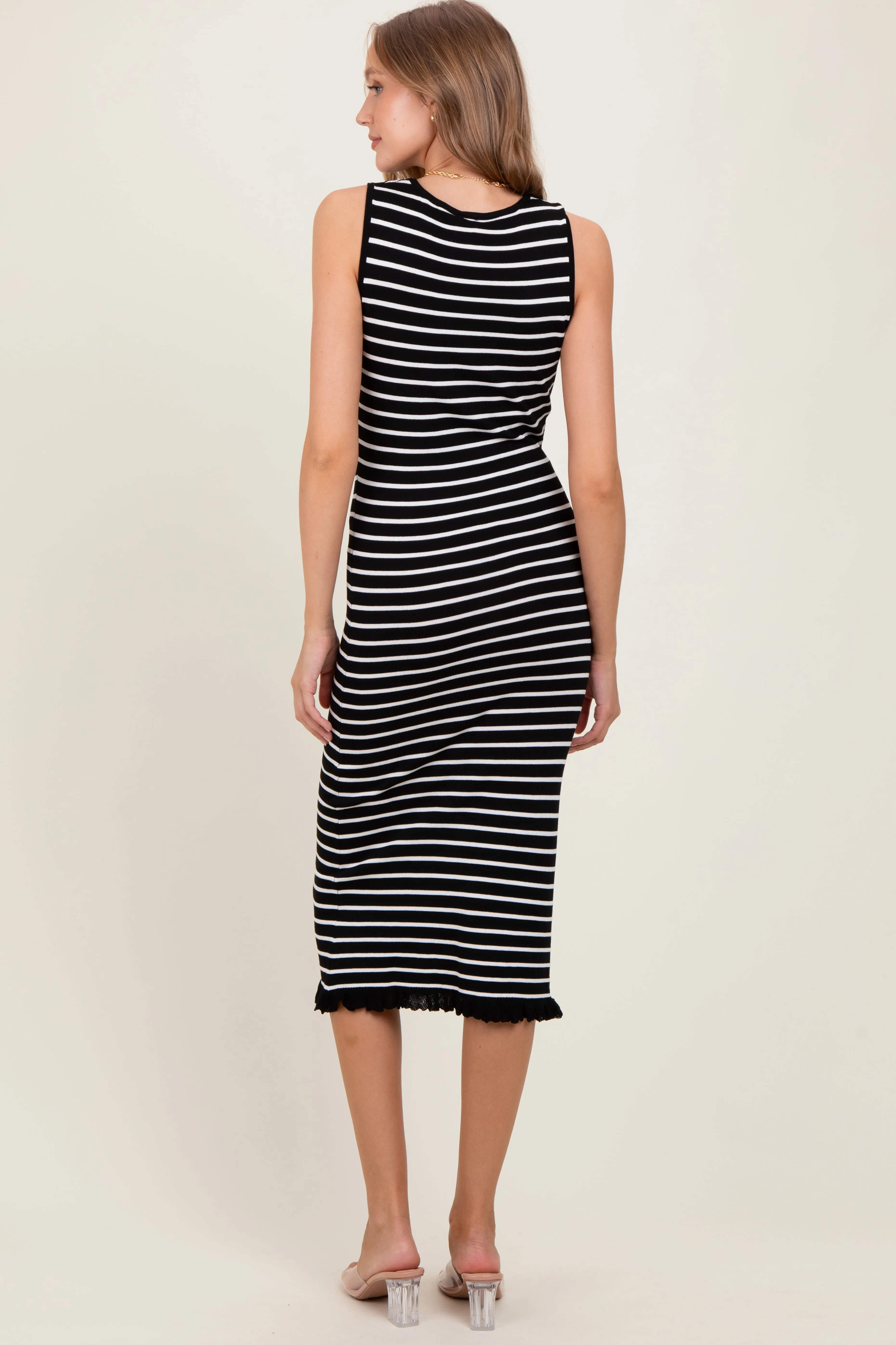 Black Striped Knit Sleeveless Ruffle Hem Midi Dress sold by Pinkblush product image thumbnail 4