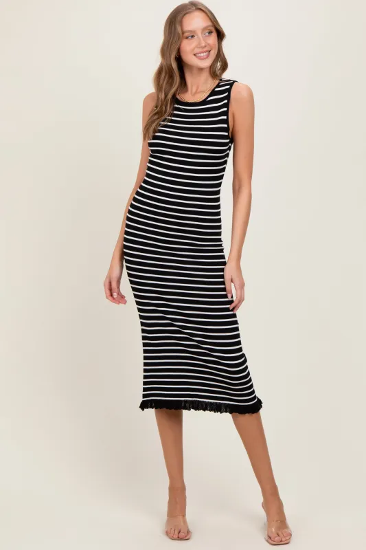 Black Striped Knit Sleeveless Ruffle Hem Midi Dress sold by Pinkblush