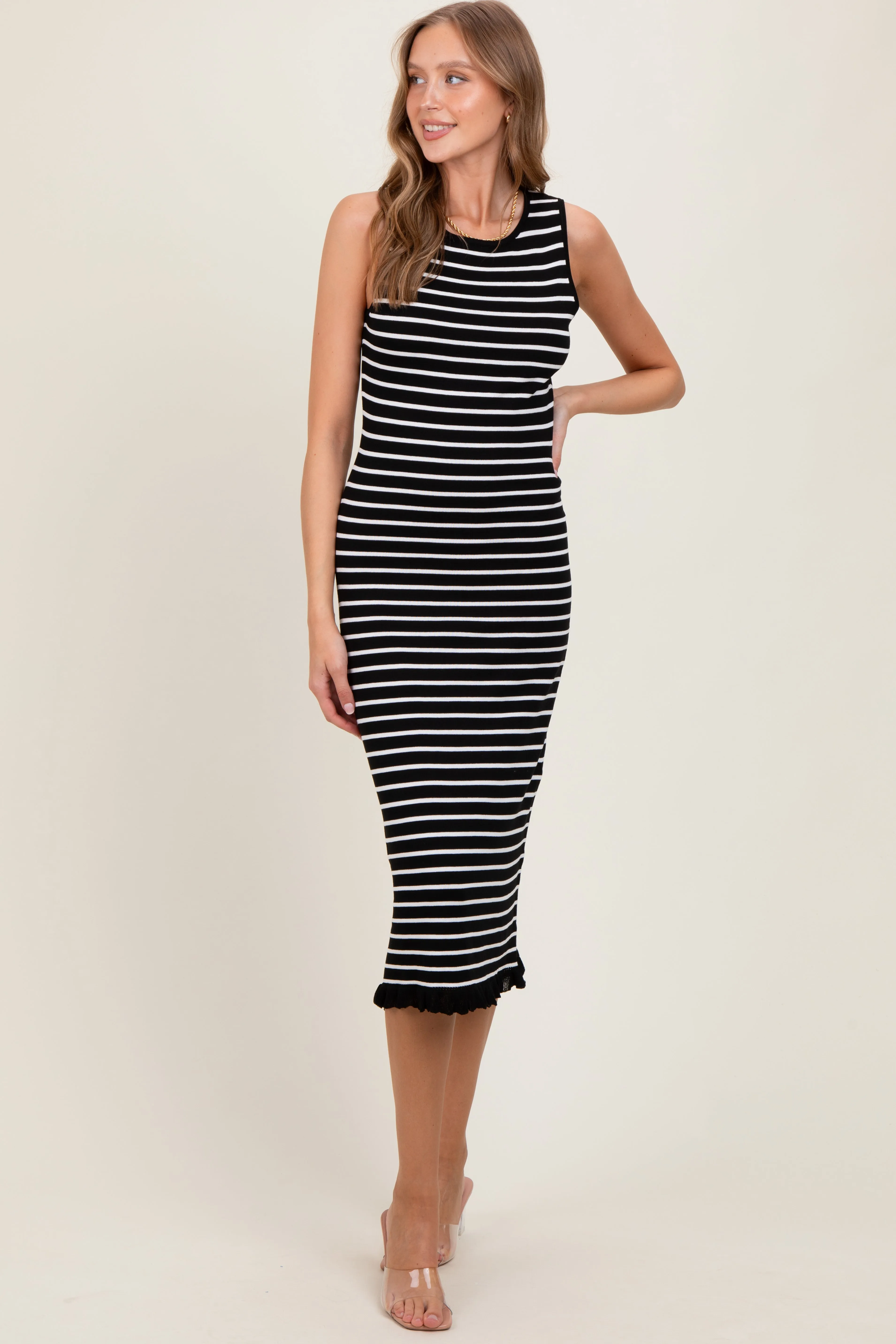 Black Striped Knit Sleeveless Ruffle Hem Midi Dress sold by Pinkblush product image thumbnail 2