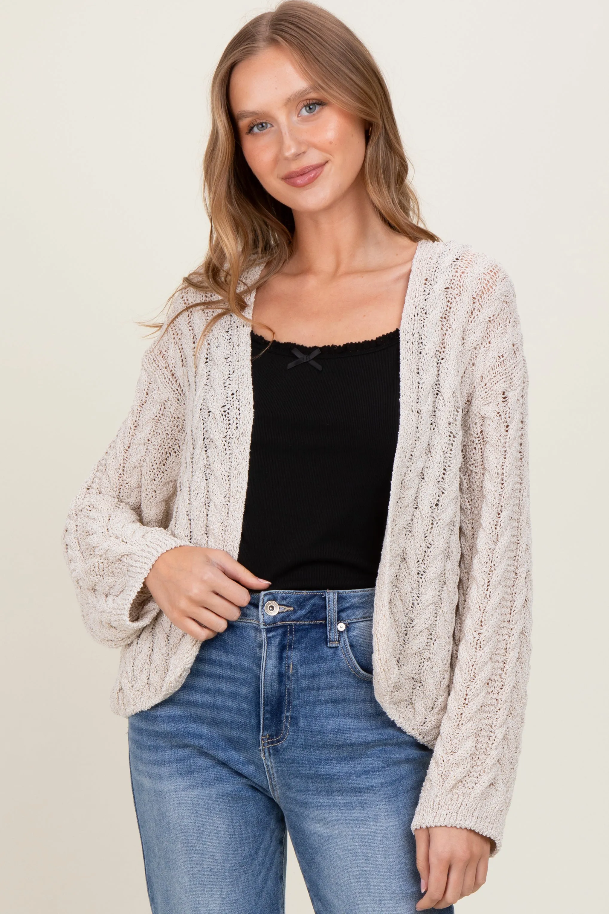 Beige Cable Knit Open Cardigan sold by Pinkblush product image thumbnail 2
