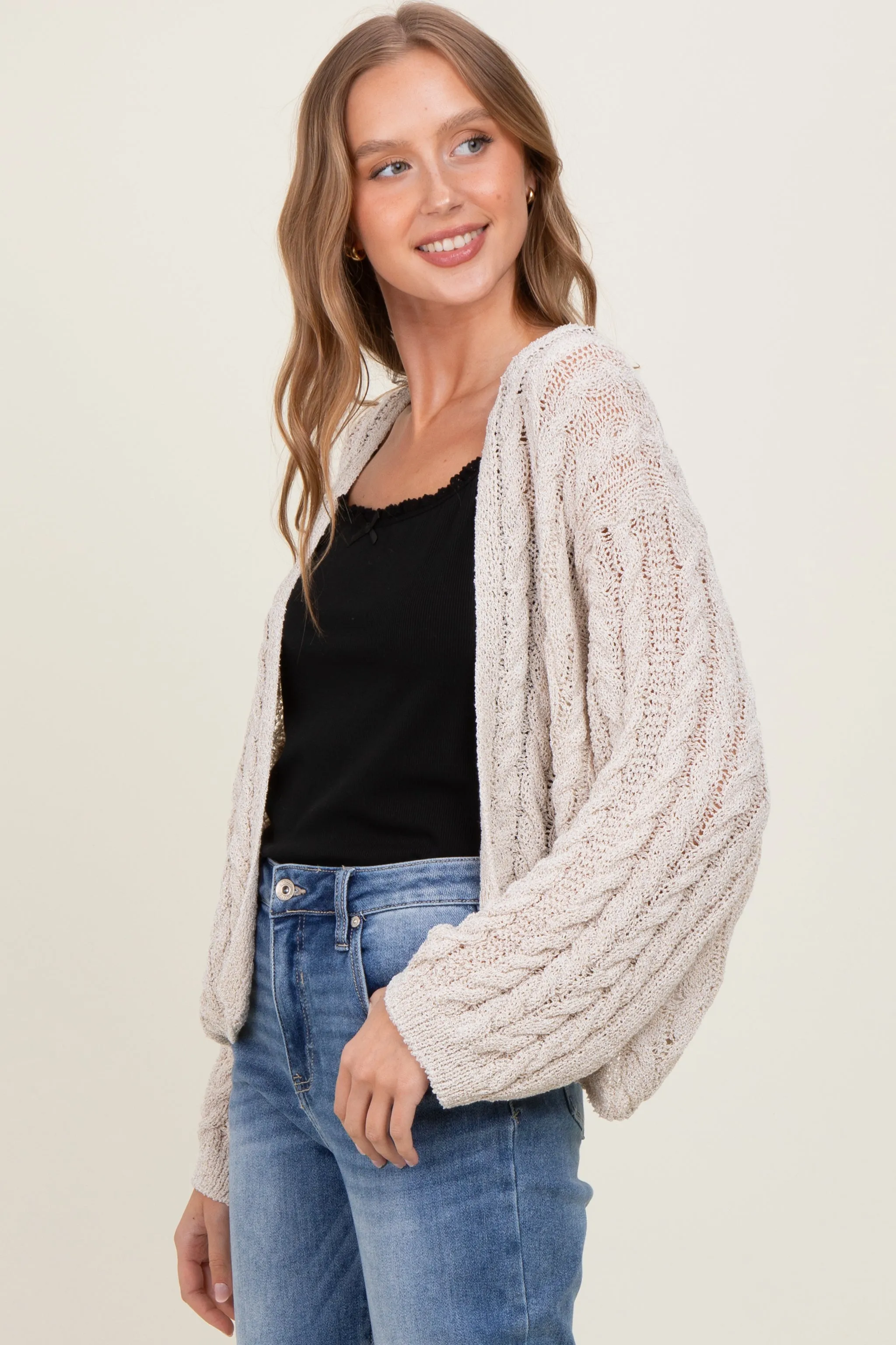 Beige Cable Knit Open Cardigan sold by Pinkblush product image thumbnail 3