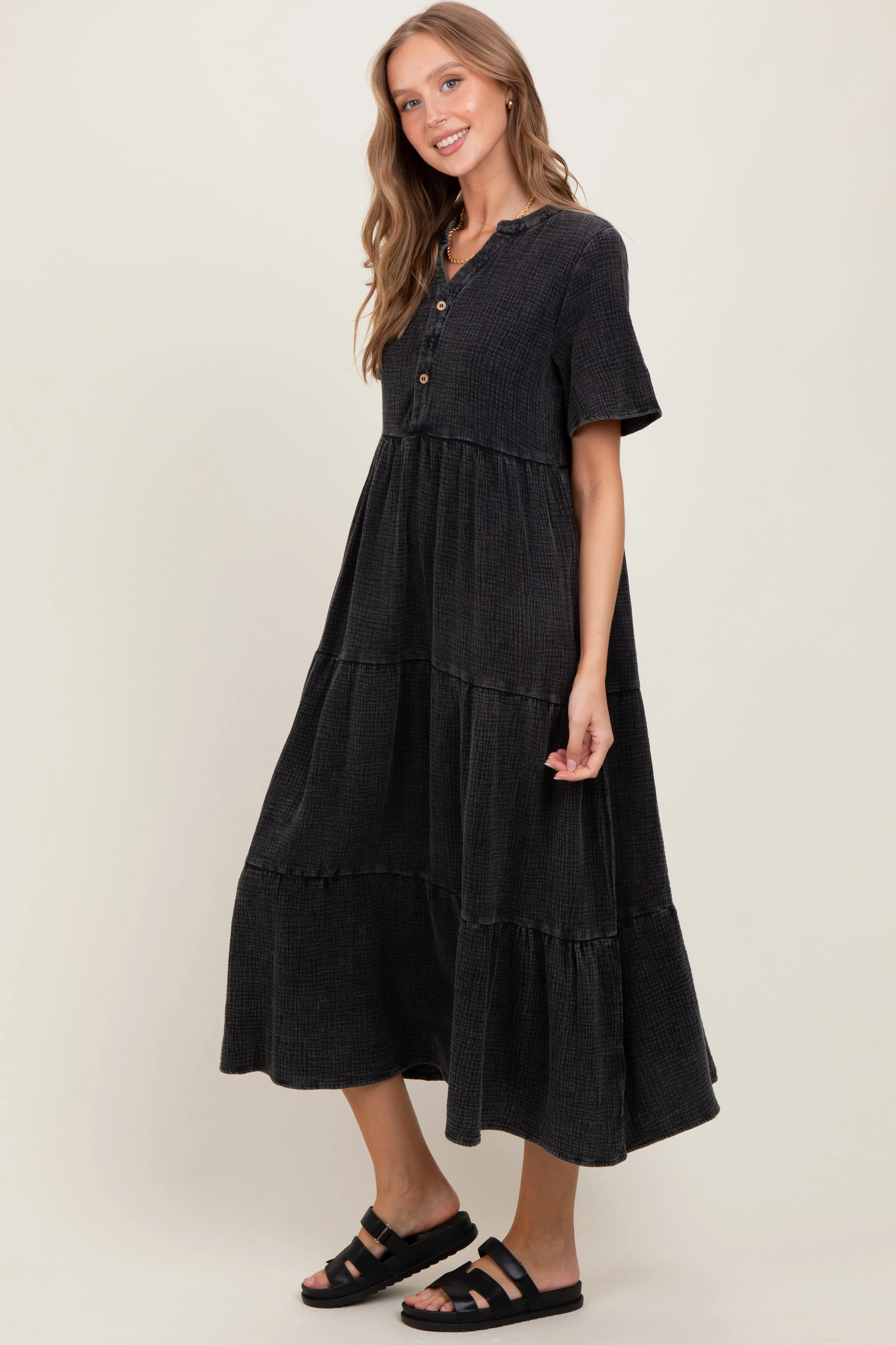 Black Button Front Tiered Maxi Dress sold by Pinkblush product image thumbnail 3