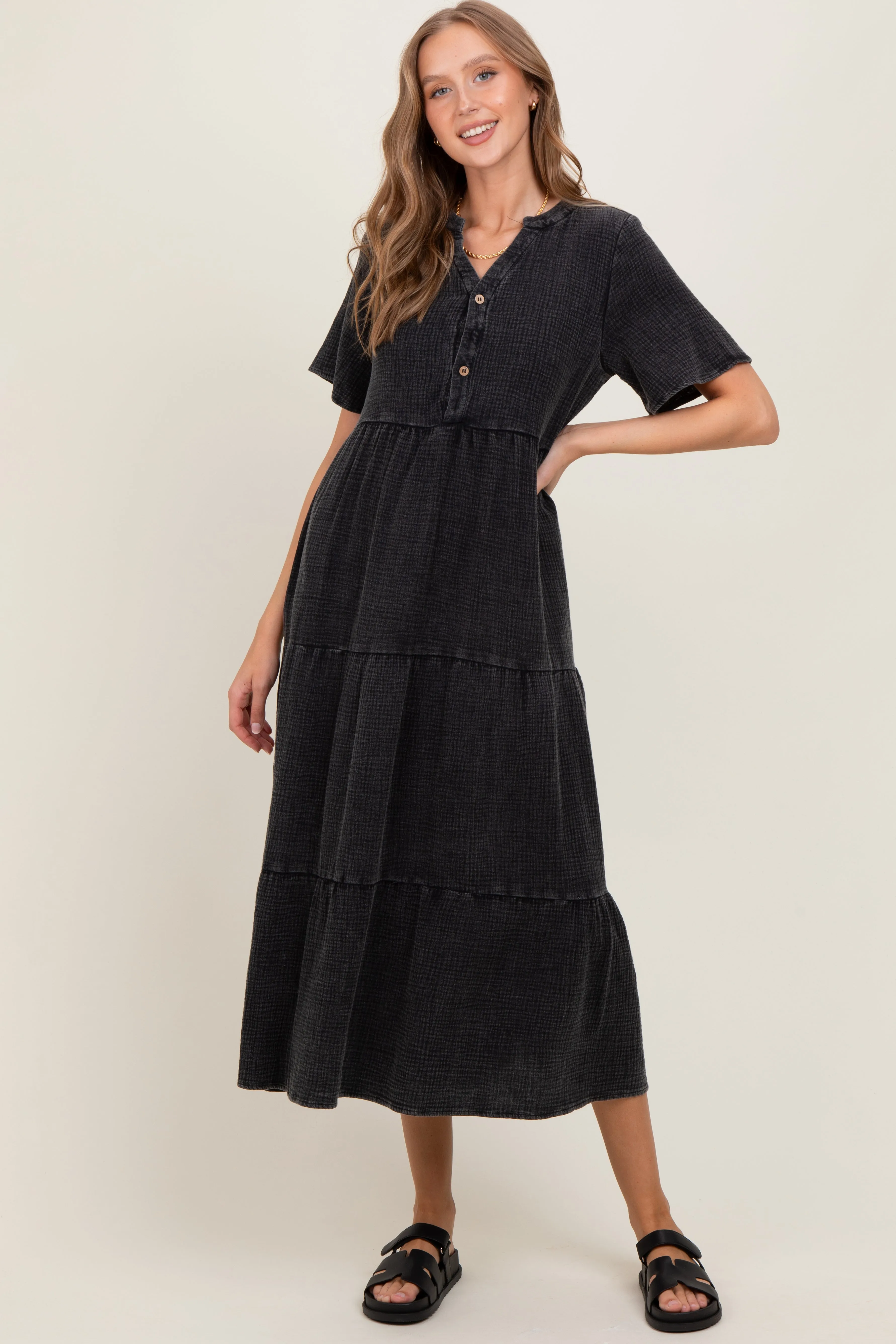 Black Button Front Tiered Maxi Dress sold by Pinkblush