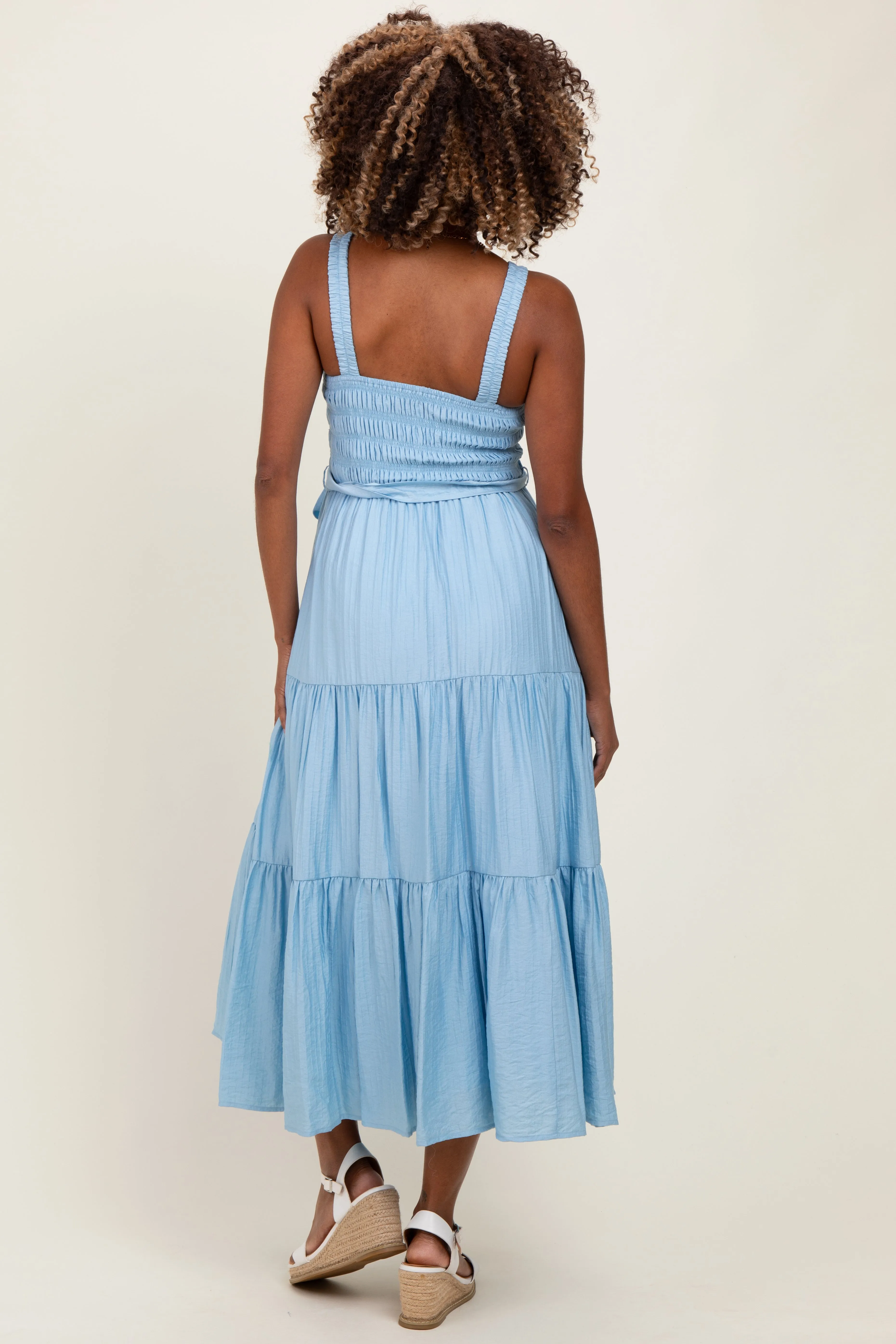 Light Blue Smocked Tiered Maternity Midi Dress sold by Pinkblush product image thumbnail 3