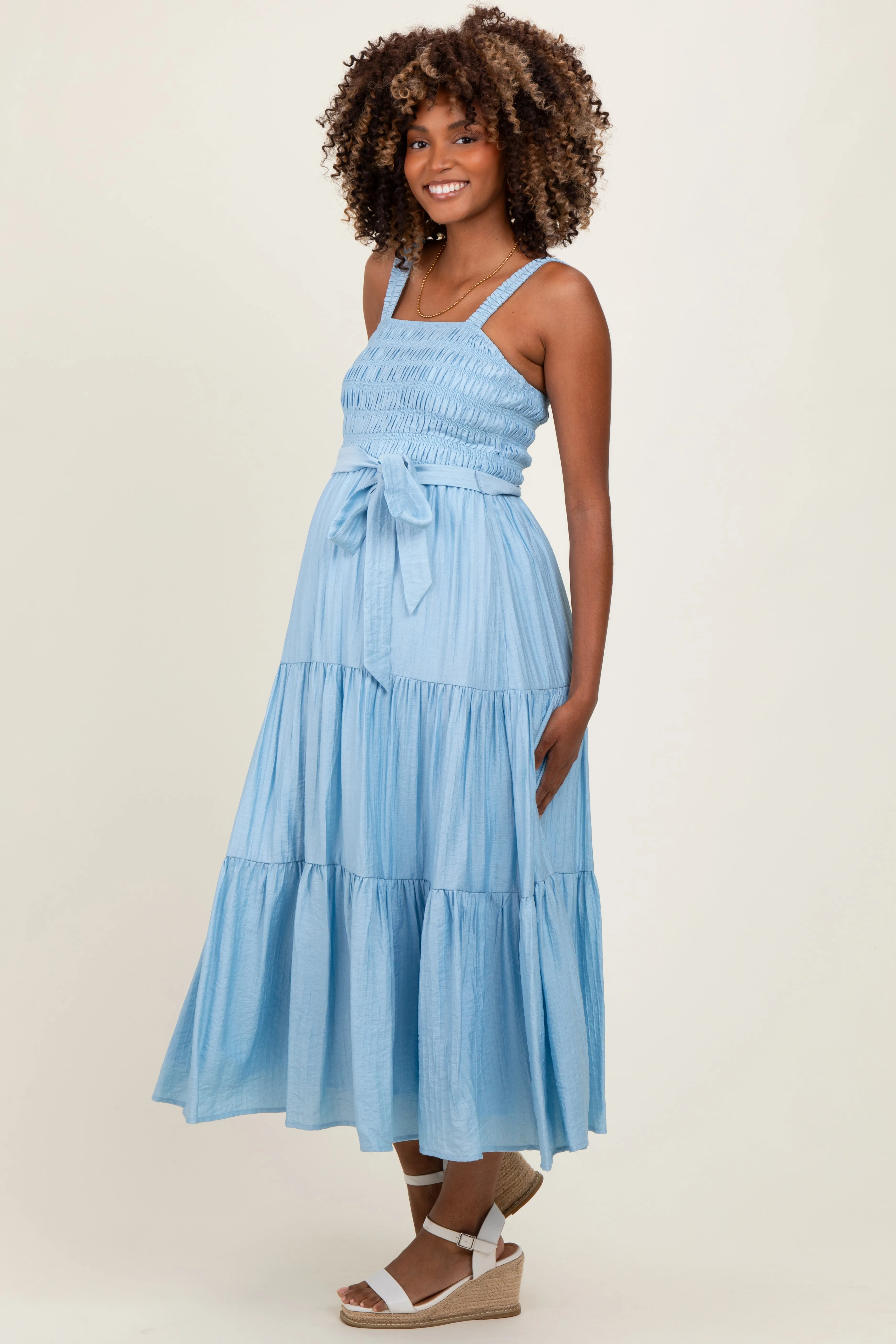 Light Blue Smocked Tiered Maternity Midi Dress sold by Pinkblush product image thumbnail 2