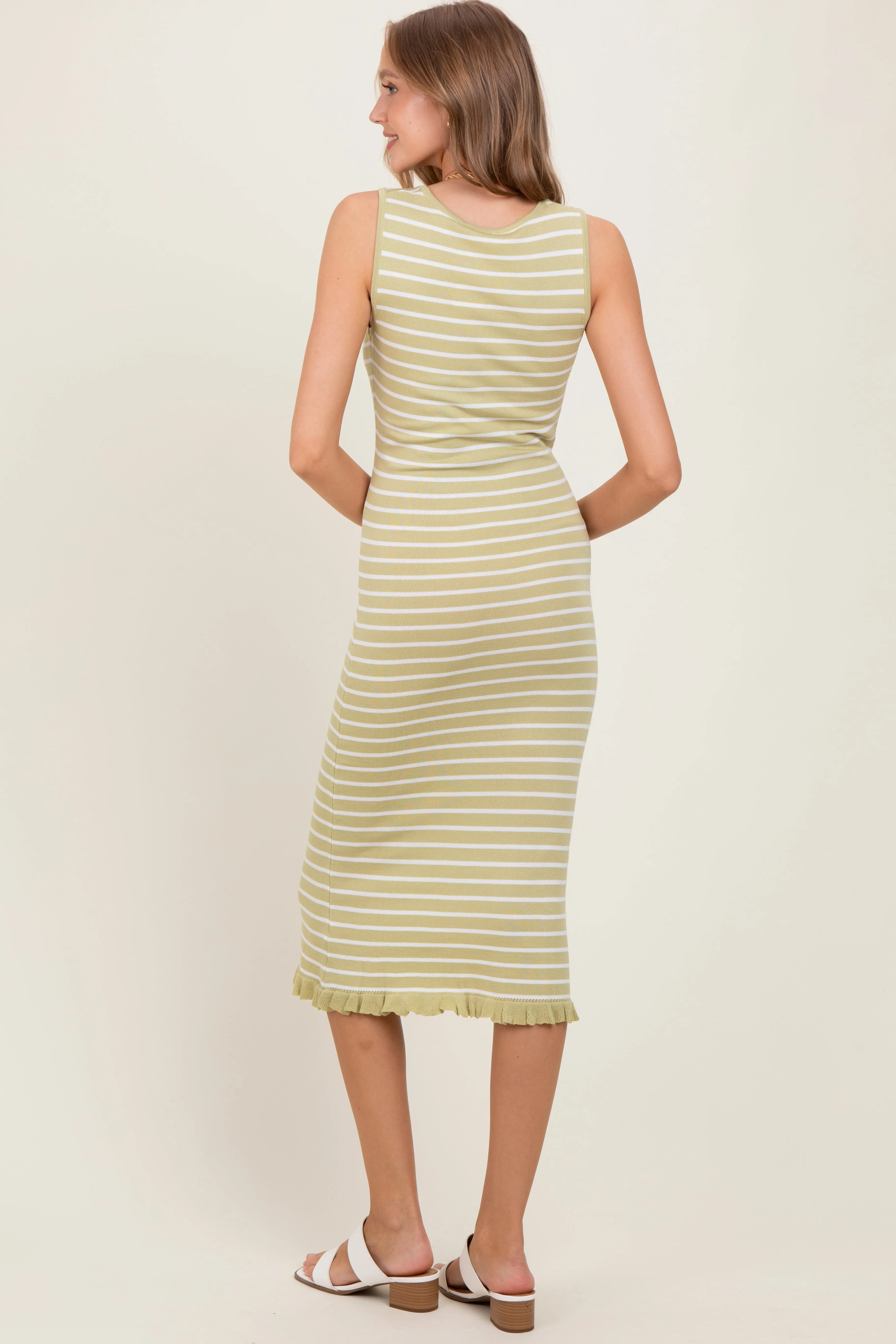 Light Olive Striped Knit Sleeveless Ruffle Hem Midi Dress sold by Pinkblush product image thumbnail 4