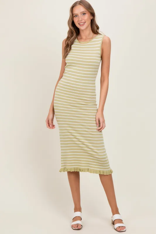 Light Olive Striped Knit Sleeveless Ruffle Hem Midi Dress sold by Pinkblush
