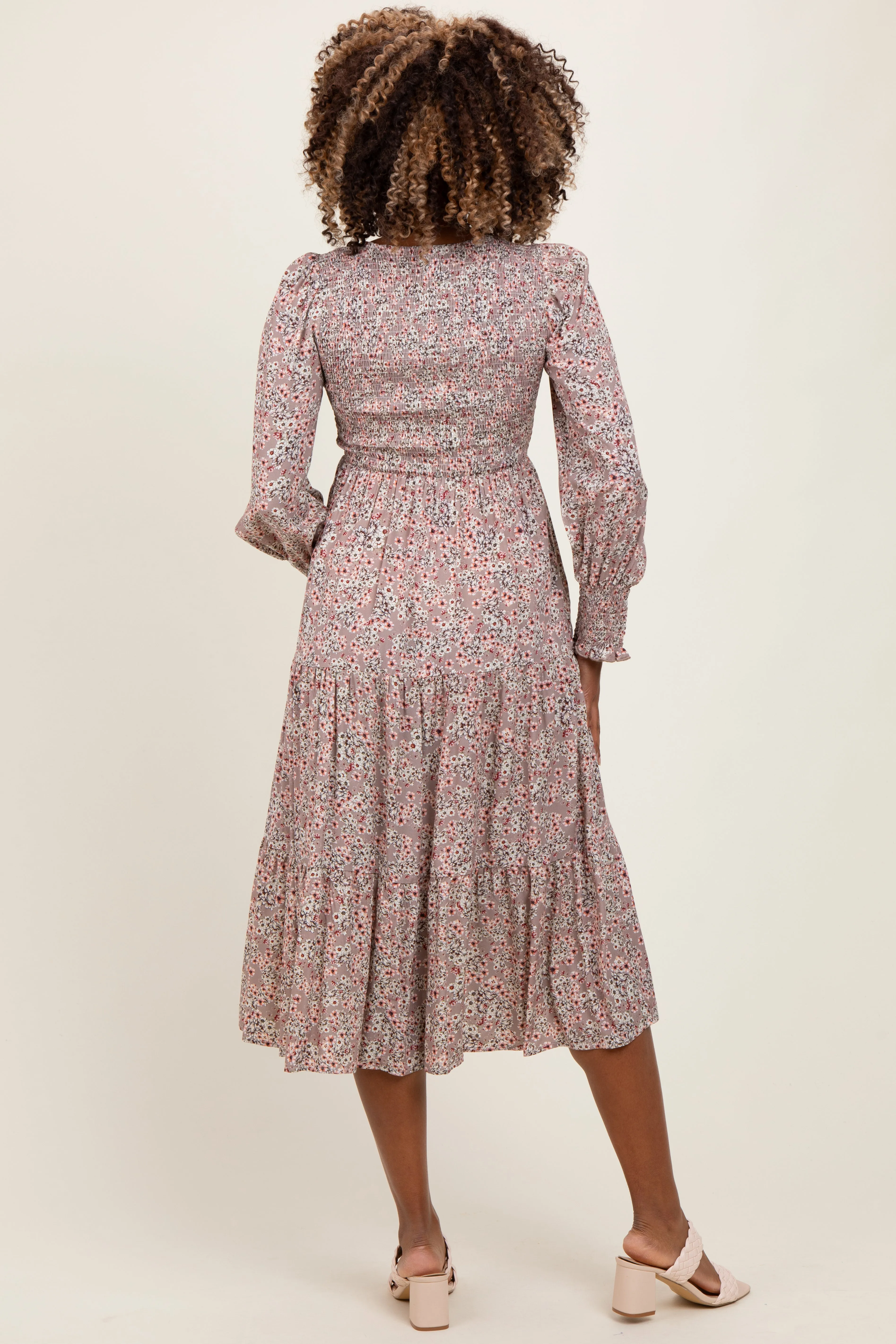 Taupe Floral Smocked Bubble Sleeve Maternity Midi Dress sold by Pinkblush product image thumbnail 4