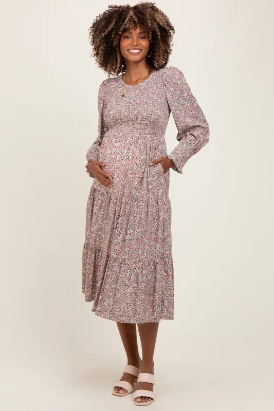Taupe Floral Smocked Bubble Sleeve Maternity Midi Dress sold by Pinkblush