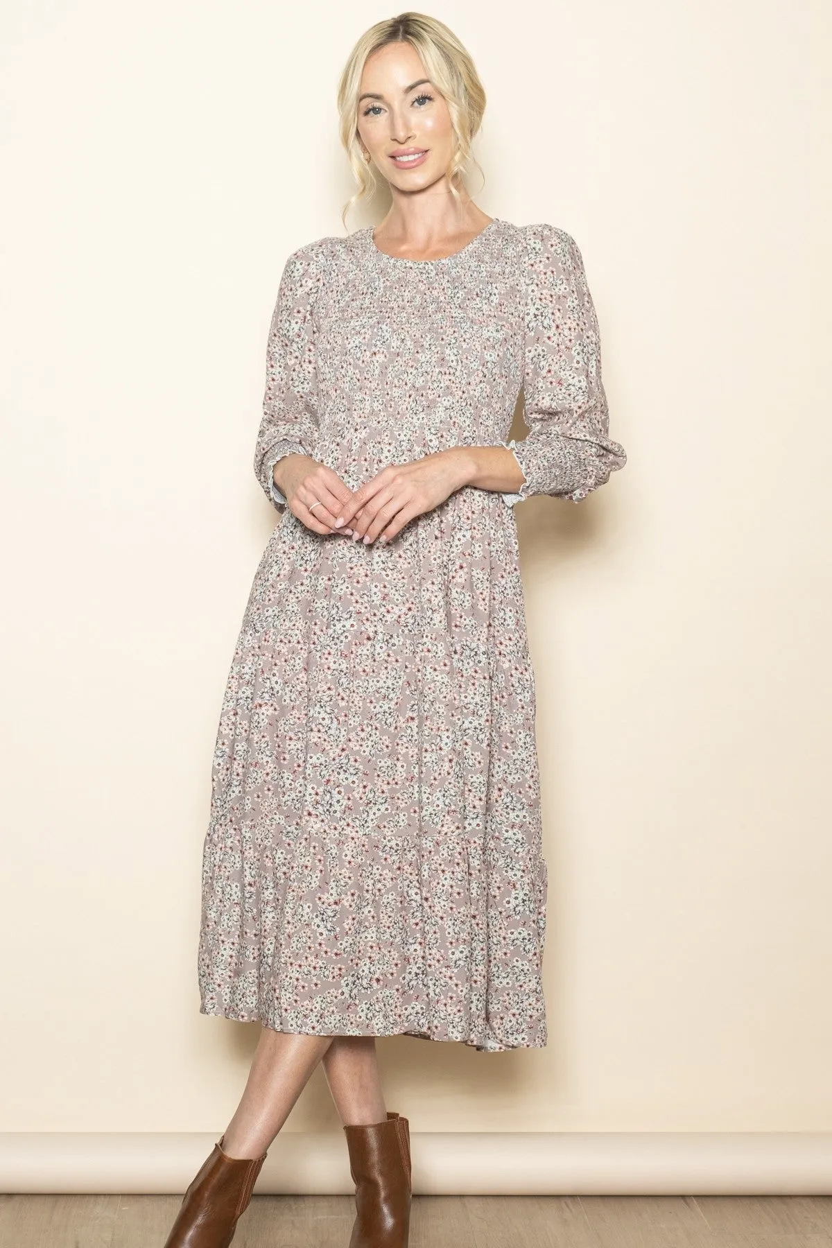 Taupe Floral Smocked Bubble Sleeve Maternity Midi Dress sold by Pinkblush product image thumbnail 5