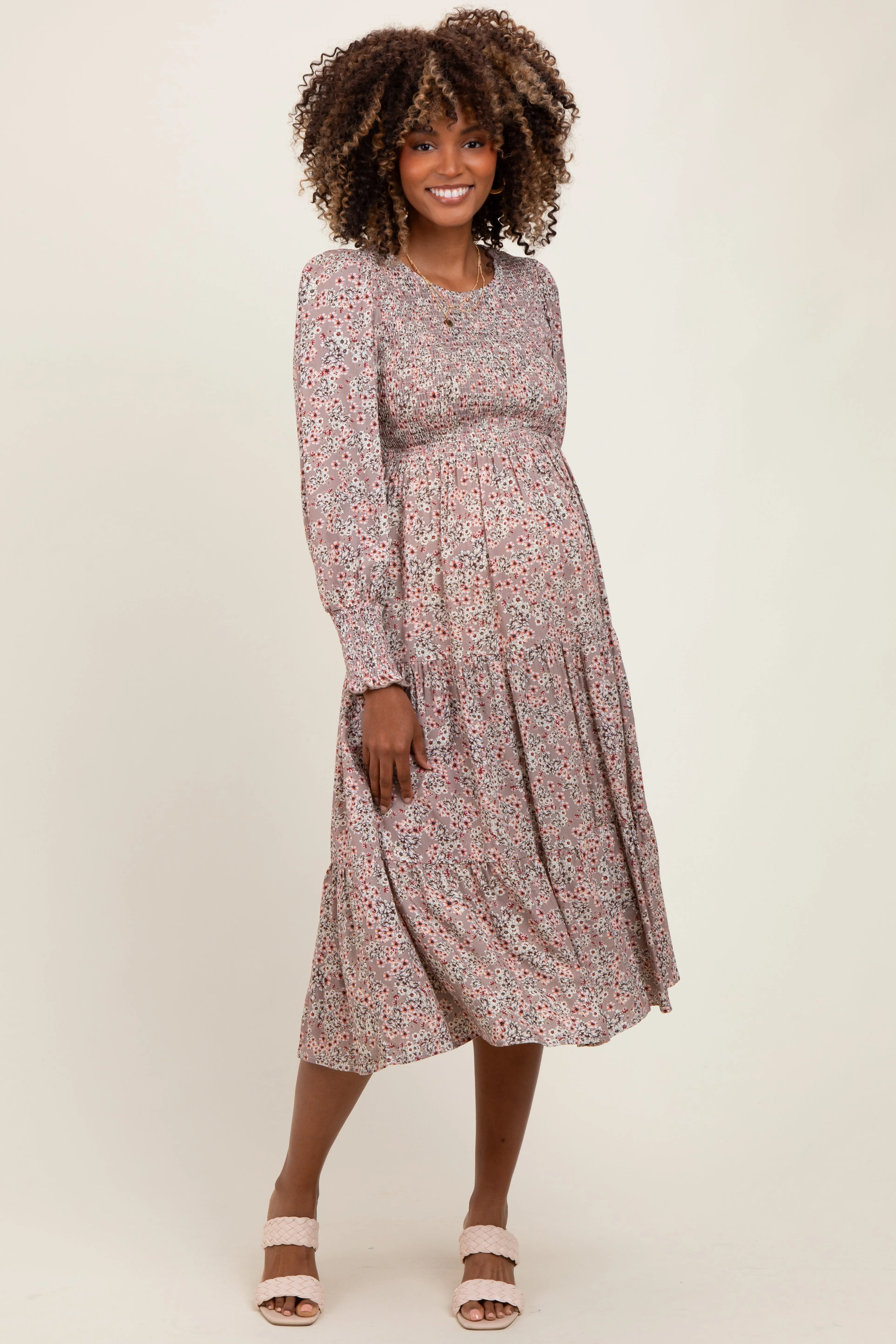 Taupe Floral Smocked Bubble Sleeve Maternity Midi Dress sold by Pinkblush product image thumbnail 2