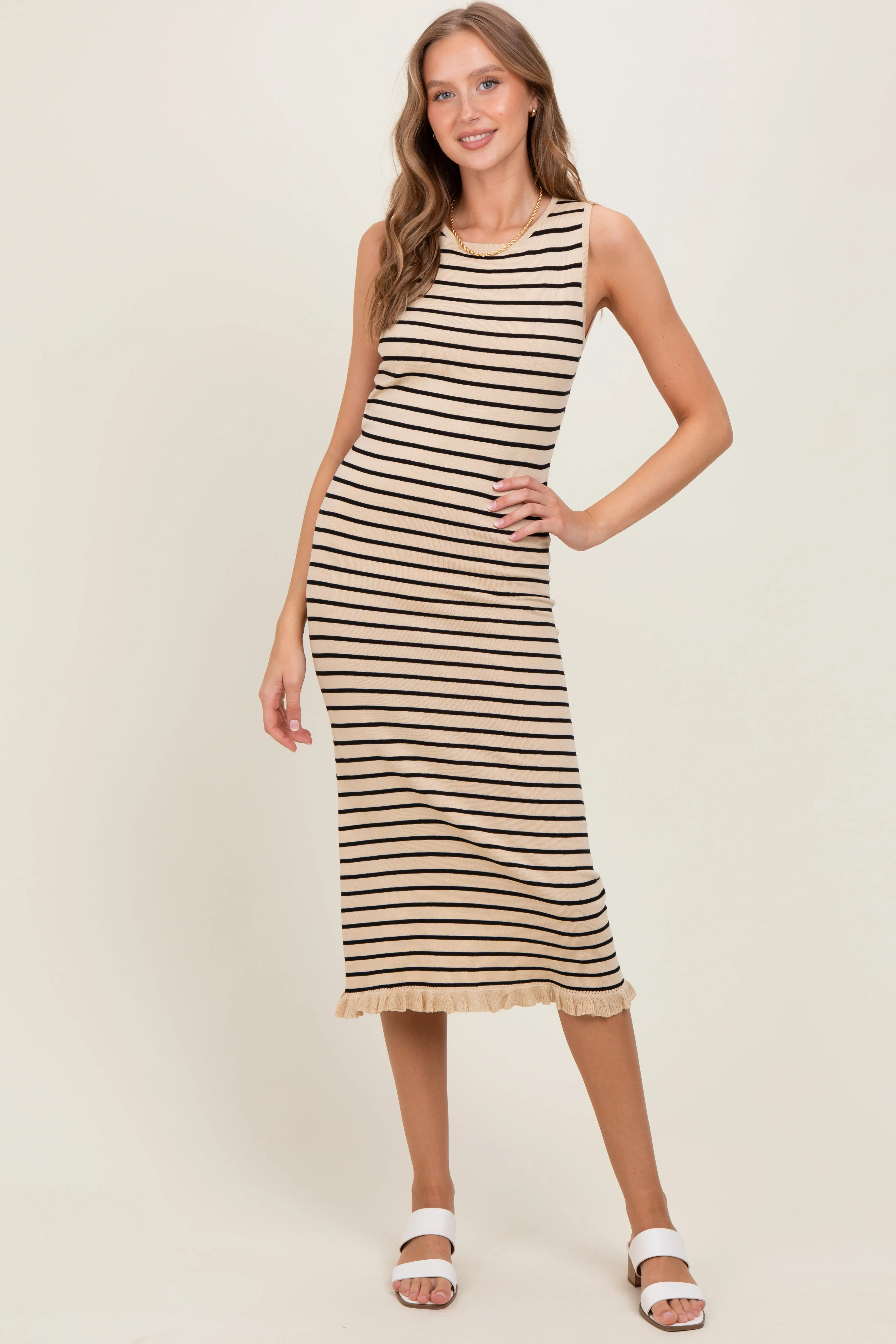 Beige Striped Knit Sleeveless Ruffle Hem Midi Dress sold by Pinkblush product image thumbnail 2