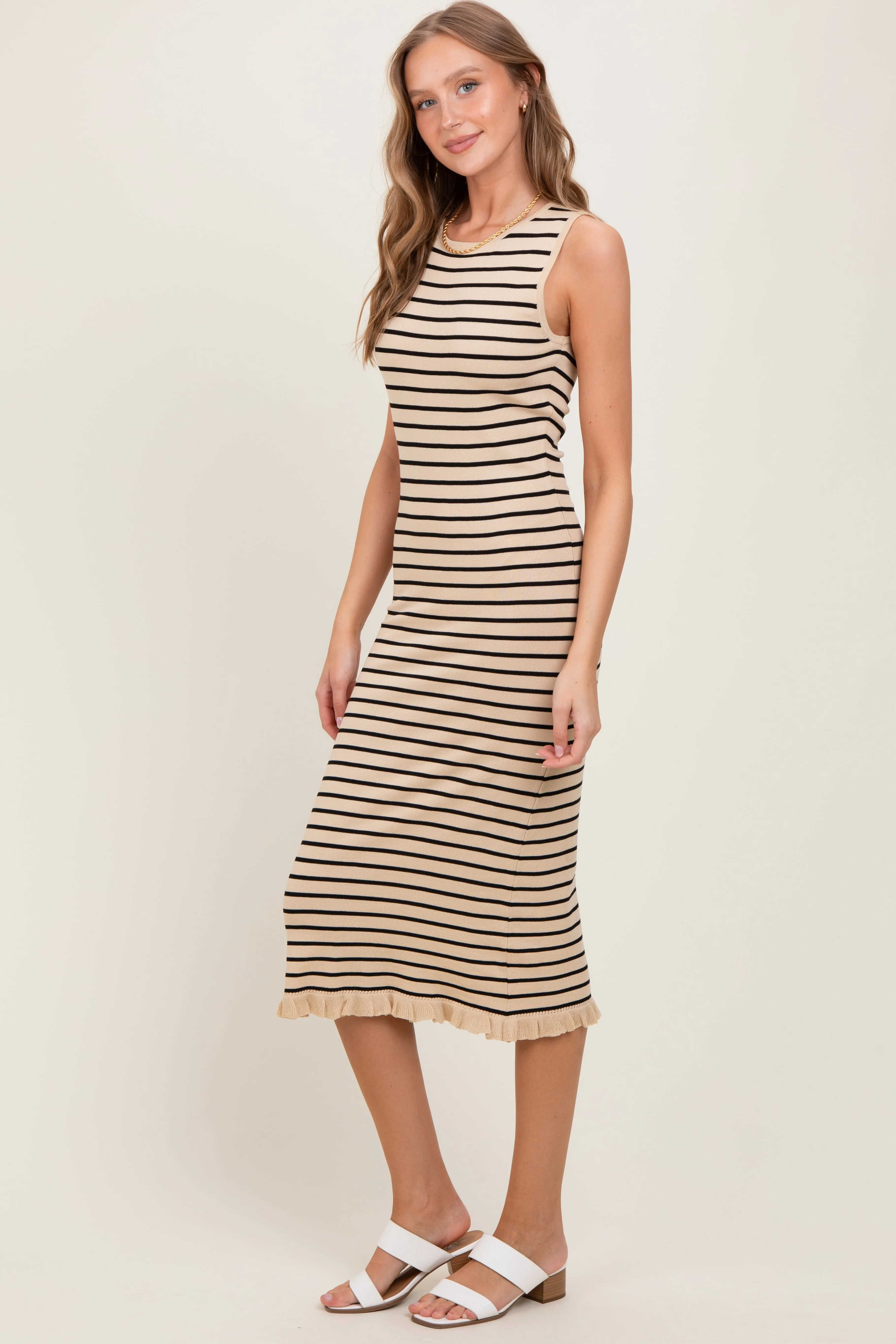 Beige Striped Knit Sleeveless Ruffle Hem Midi Dress sold by Pinkblush product image thumbnail 3