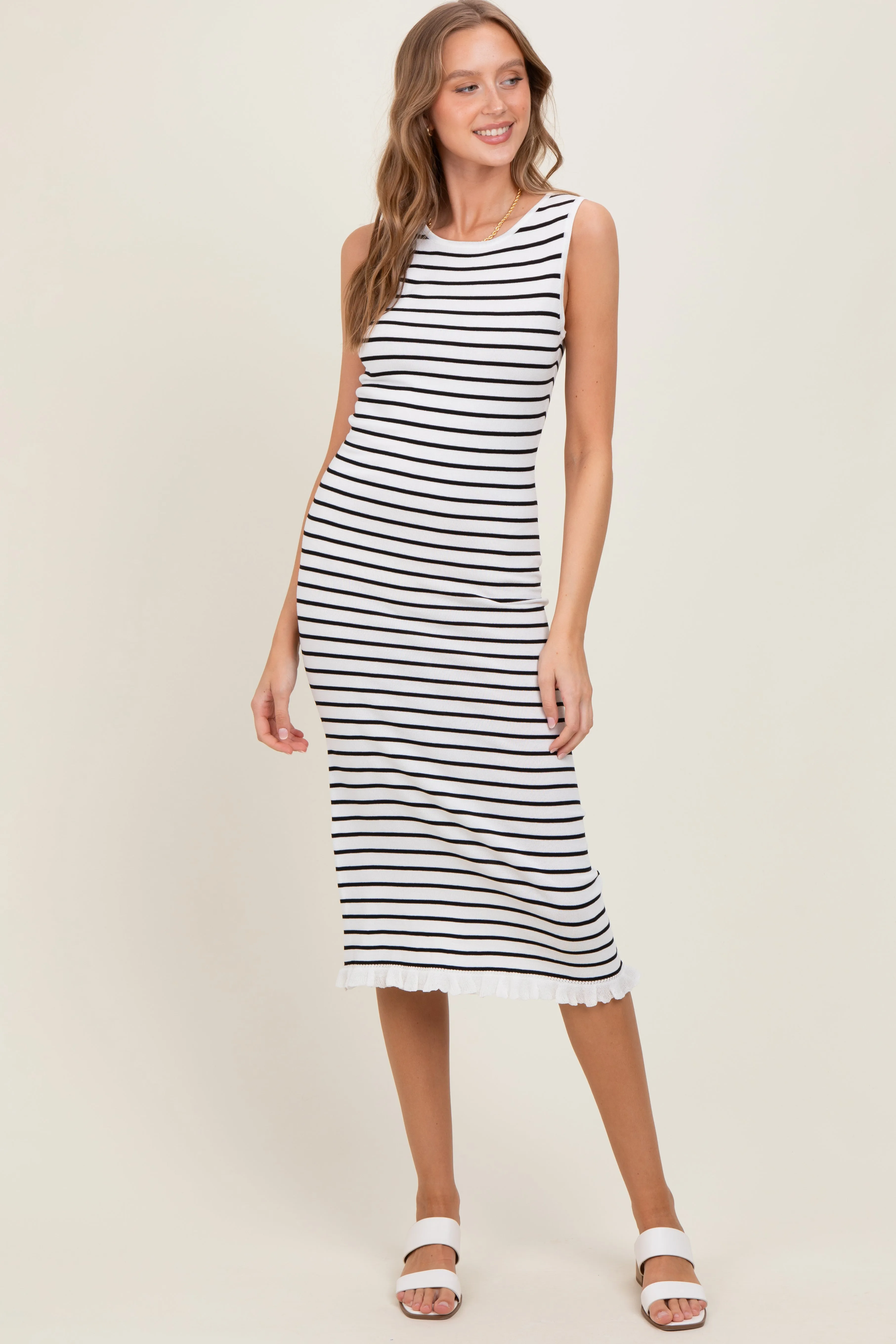 White Striped Knit Sleeveless Ruffle Hem Midi Dress sold by Pinkblush product image thumbnail 2