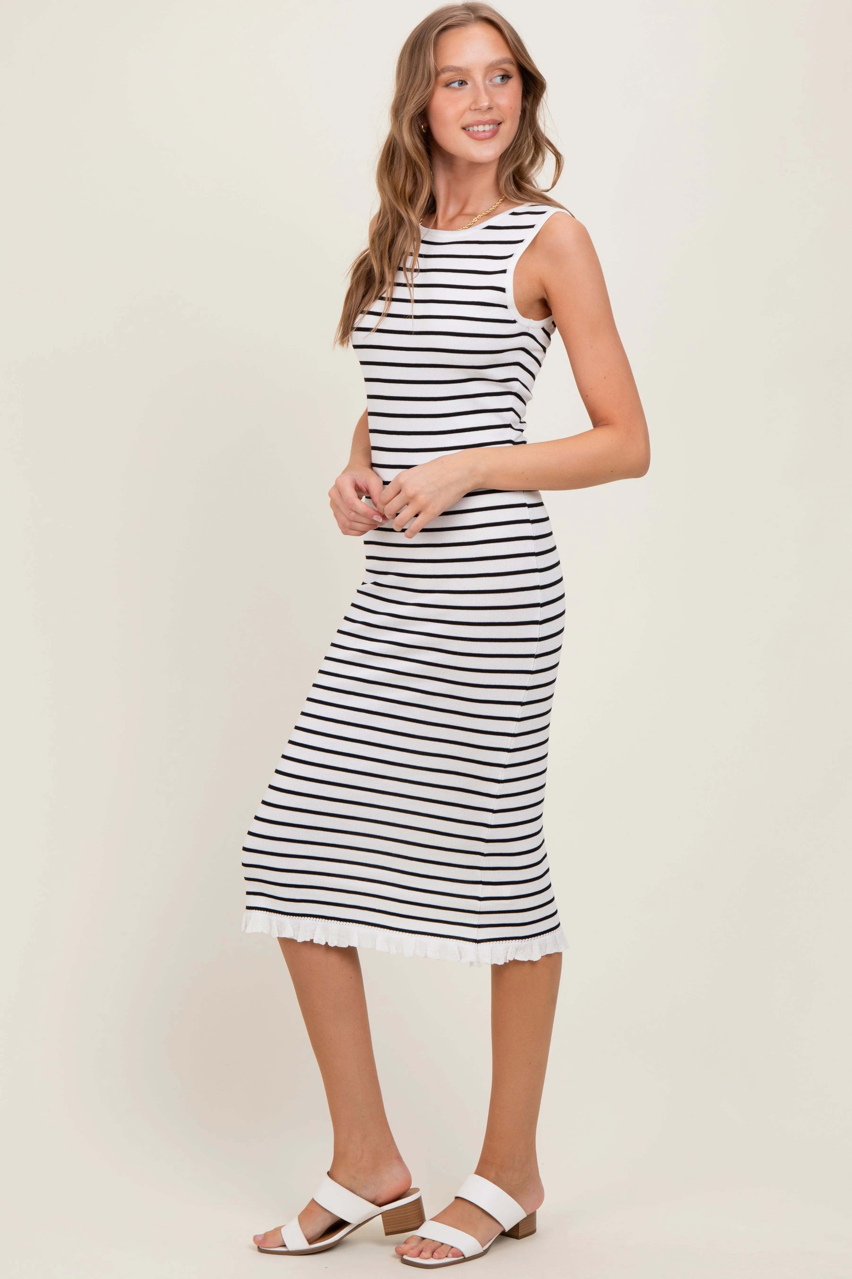 White Striped Knit Sleeveless Ruffle Hem Midi Dress sold by Pinkblush product image thumbnail 3