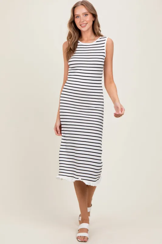 White Striped Knit Sleeveless Ruffle Hem Midi Dress sold by Pinkblush
