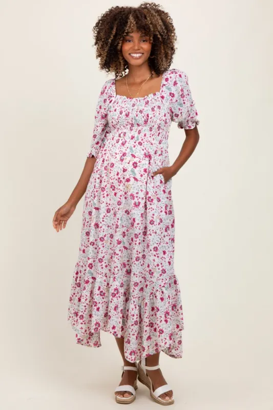 Ivory Floral Smocked Handkerchief Hem Maternity Maxi Dress sold by Pinkblush
